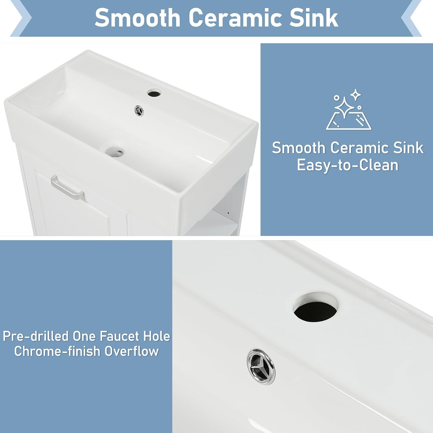 21.8-inch Bathroom Vanity with Sink, Wall-Mounted Single Storage Cabinet with One Big Drawer & Left Two-Tier Shelf, Solid Wood Vanity Organizer with Ceramic Sink for Bathroom, White