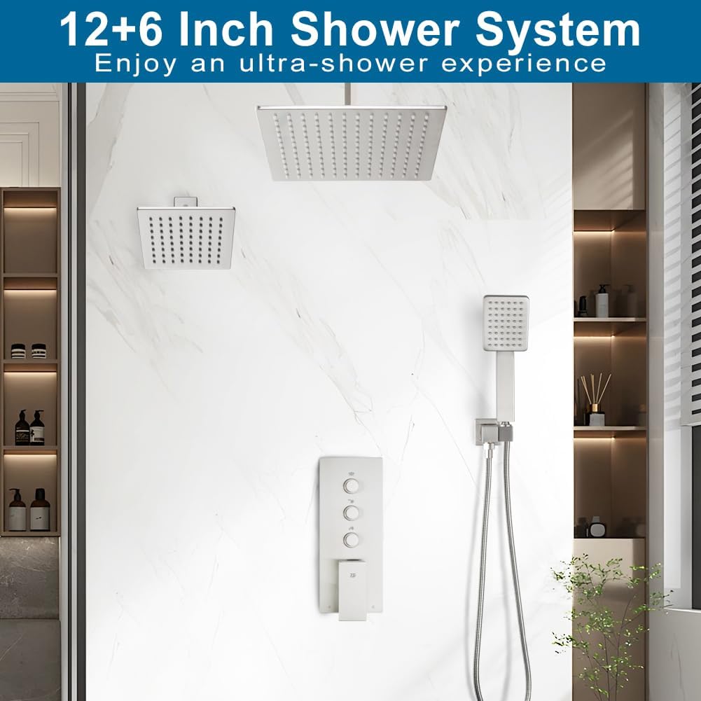 Shower Faucet Set Brushed Nickel Bathroom Rainfall Shower System, 12 Inch Ceiling Mount Shower Head with 6 Inch Wall Mount Shower Head, Include Shower Valve and Trim Kit