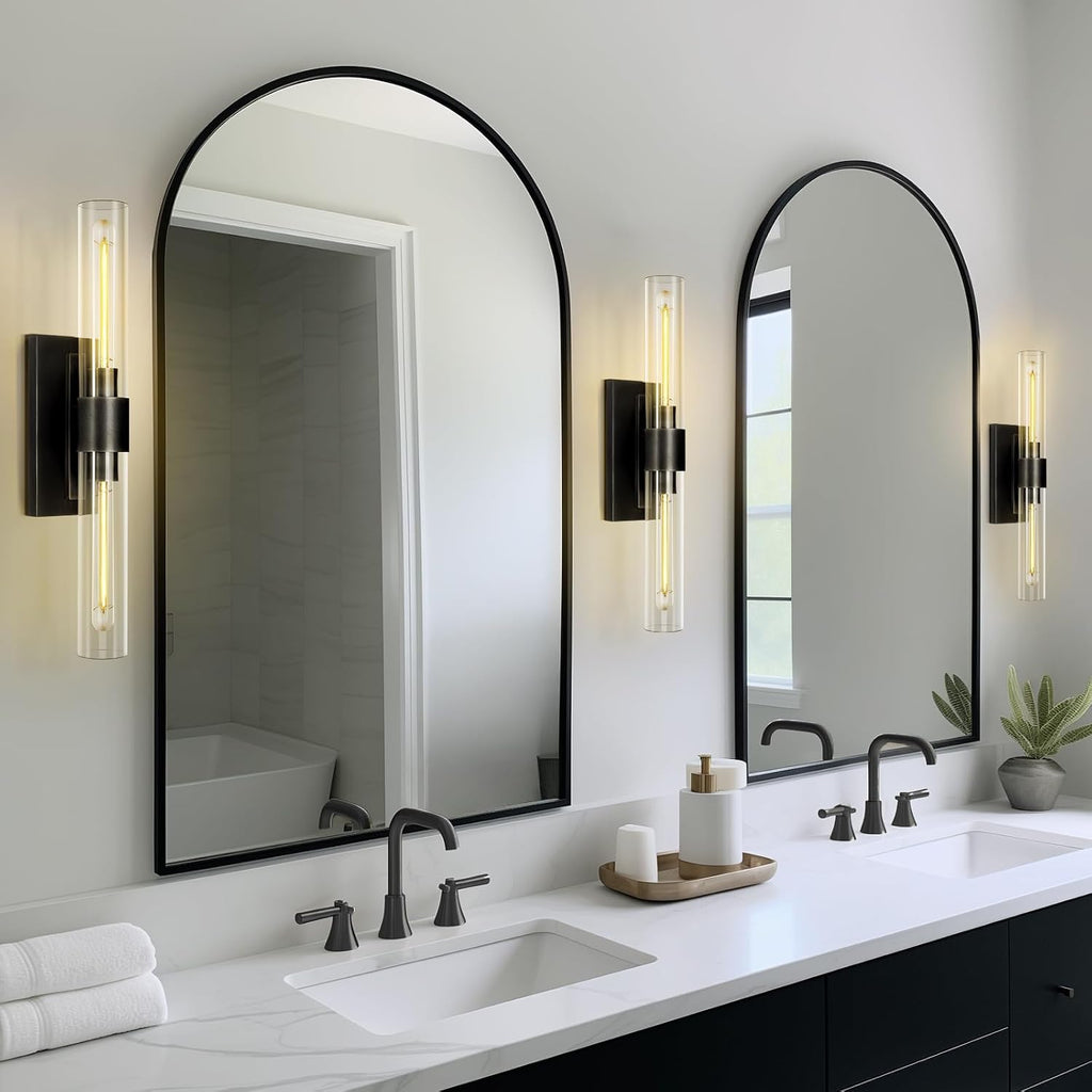Bathroom Black Vanity Wall Sconces, 2-Light Glass Tube Wall Sconces, 24' Sconces Wall Lighting, Horizontal or Vertical Linear Vanity Light,Bathroom Vanity Light,E26 Bulb Included