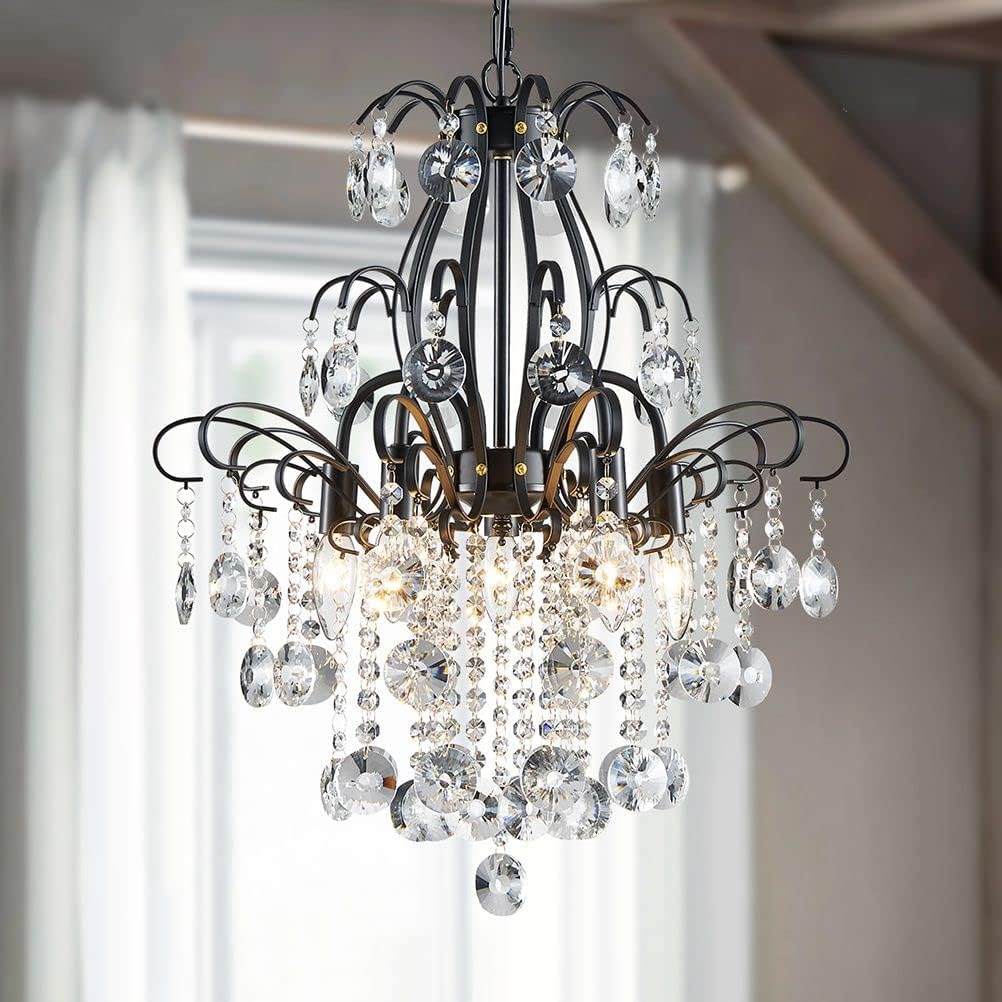 WUZUPS Crystal Chandelier 5-Light Pendant Ceiling Light Modern Lighting Fixture for Bedroom Hallway Bar Kitchen Bathroom, H 22.6'' x W 19.2'', E12 Base, Black