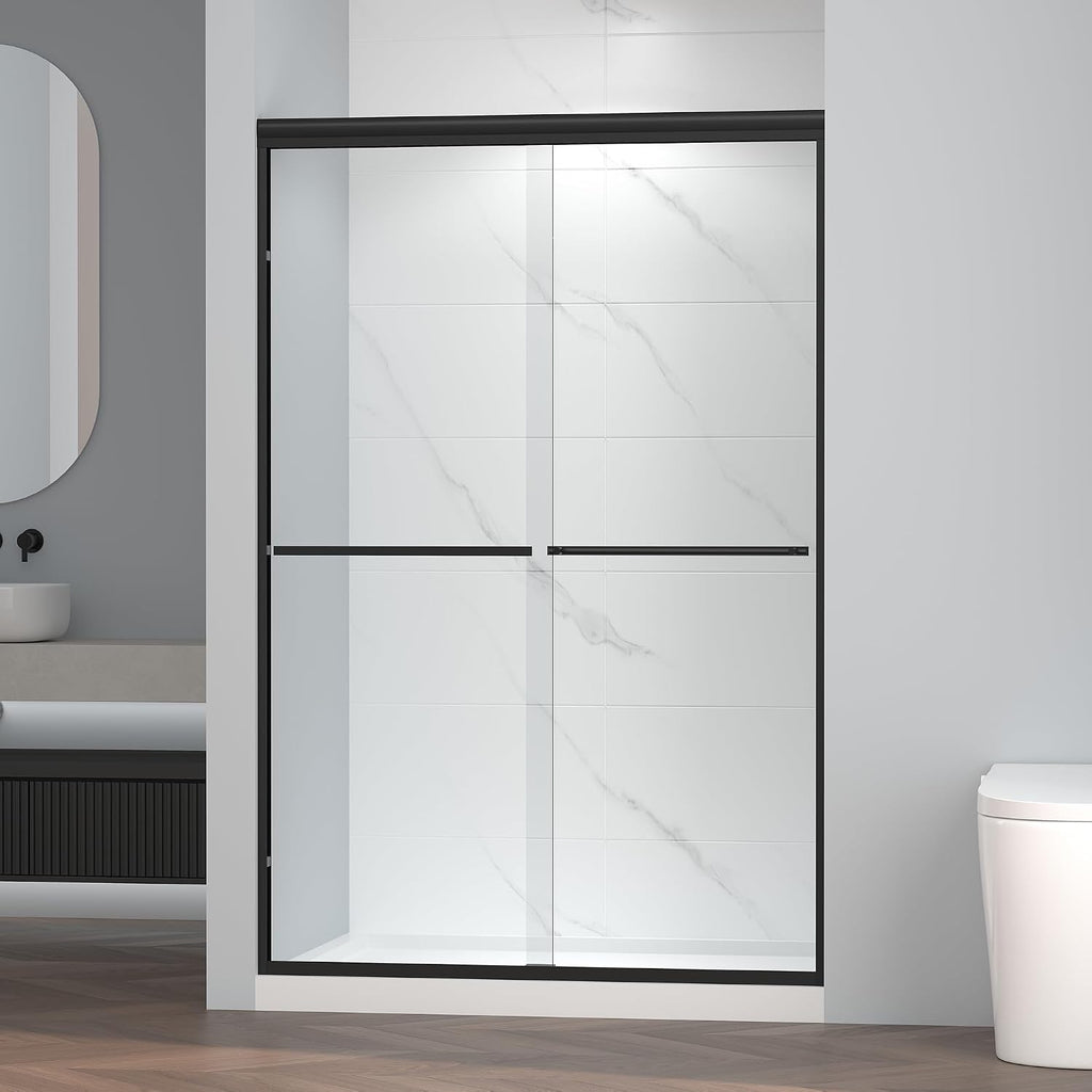 ENSO SENKA 44-48' W x 72' H Semi-Frameless Bypass Sliding Shower Door, Easy-to-Clean Treated Clear Tempered Glass, Matte Black