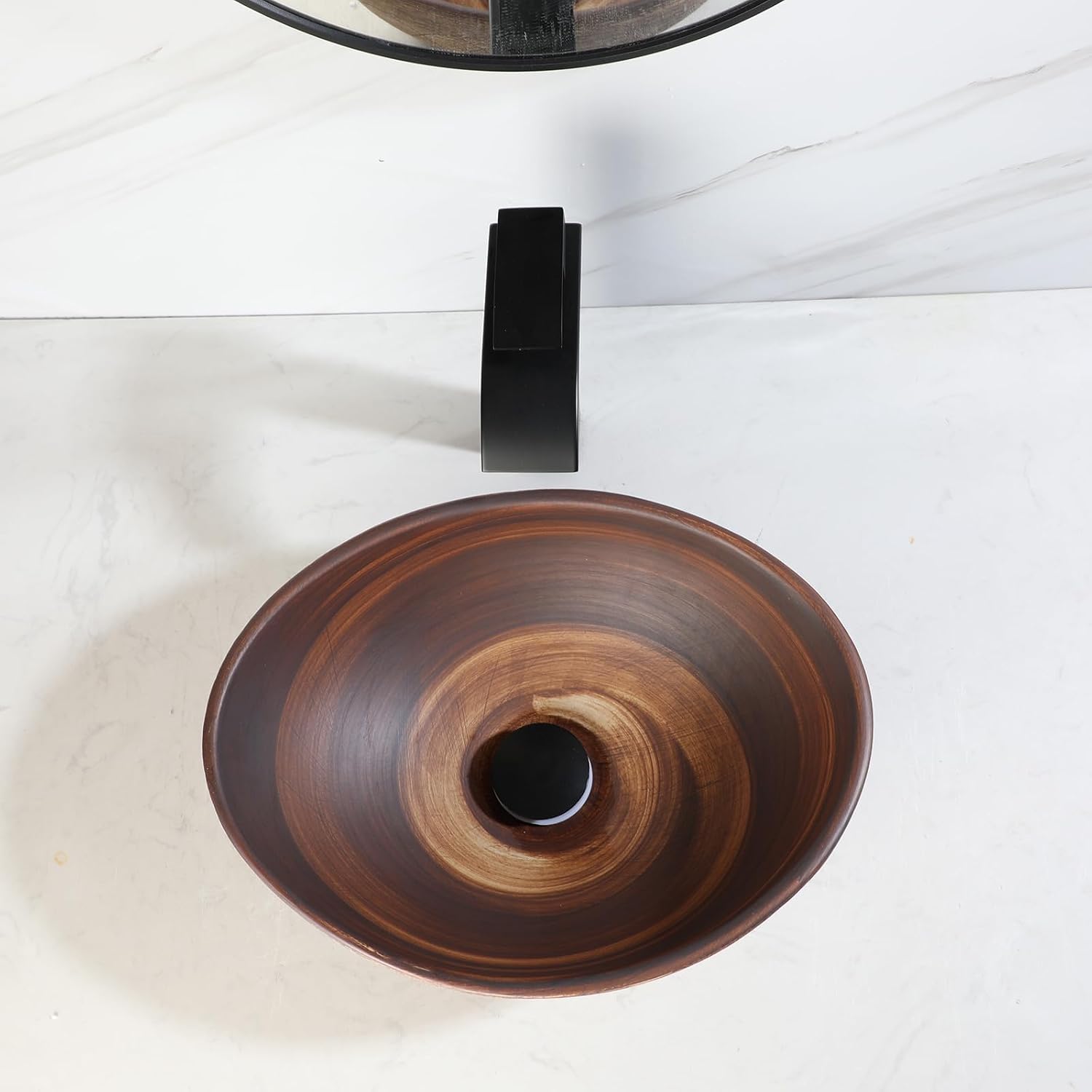 Ceramic Vessel Sink with Faucet and Drain Combo Brown Bathroom Sink Above Counter Oval Sinks Bowl