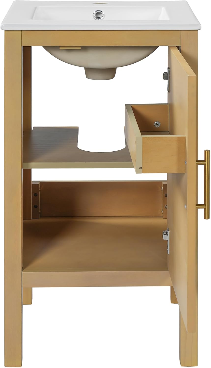 18-inch Bathroom Vanity with Sink Combo, Free-Standing Single Storage Cabinet with One Soft-Close & Adjustable Shelf, Modern Natural Wood Grain Vanity with Ceramic Basin for Bathroom (Natural)