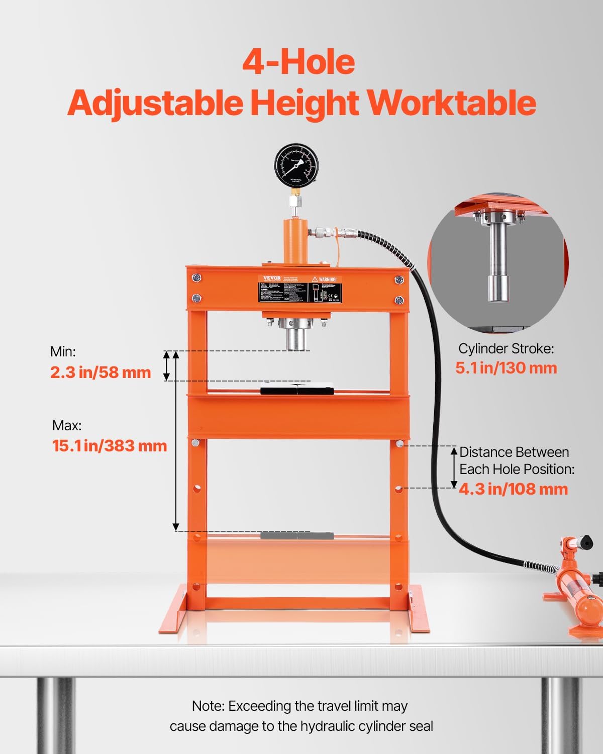 VEVOR Hydraulic Shop Press, 10 T H-Frame Shop Press with Press Plate & H-Shaped Base, Stable Garage Floor Adjustable Hydraulic Press with Relief Valve, Fit for Bending, Straightening & Stamping