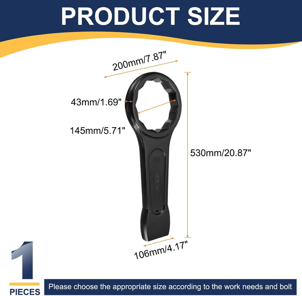 HARFINGTON Box End Striking Ring Wrench 145mm Metric CR-V Steel 12-Point Flat Strike Wrench Baking Paint Single Head Spanner Hand Tool for Mechanical Automotive Repair