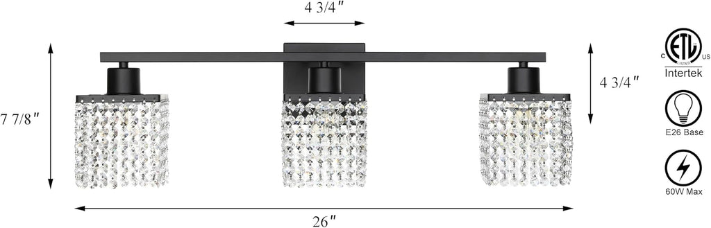 XiNBEi Lighting 3-Light Bathroom Vanity Light, Black Bathroom Light Fixtures Over Mirror with K9 Clear Crystal String Shade Modern Crystal Vanity Lights for Bathroom XB-W327-3-MB