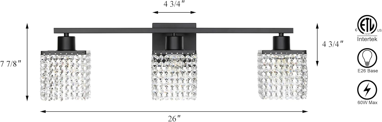 XiNBEi Lighting 3-Light Bathroom Vanity Light, Black Bathroom Light Fixtures Over Mirror with K9 Clear Crystal String Shade Modern Crystal Vanity Lights for Bathroom XB-W327-3-MB