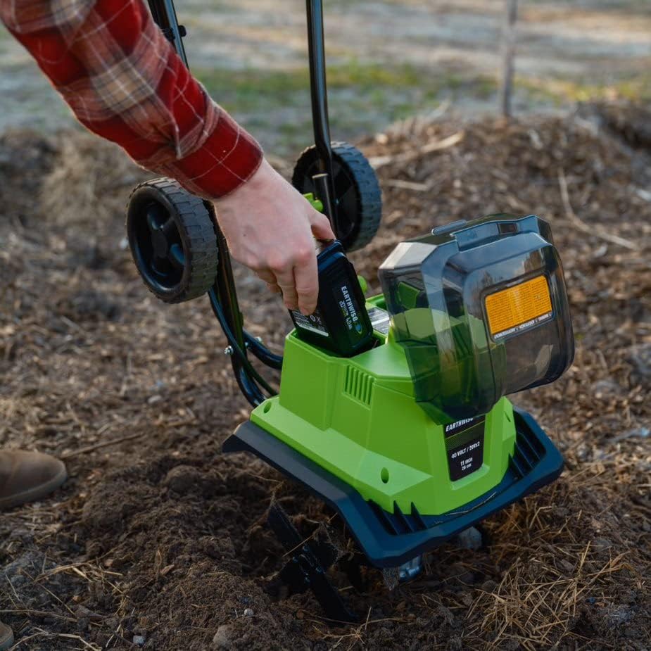 Earthwise Power Tools by ALM TC722011 11-Inch 2x20-Volt Lithium-Ion Cordless Electric Garden Tiller Cultivator, 2x20 Volt 4Ah Battery and Charger Included, Green