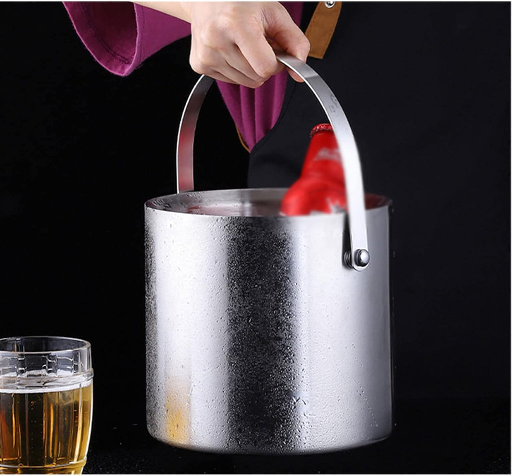 ice bucket,bucket with lid, ice bucket gift 304 Stainless Steel Ice Bucket Portable Double Wall Insulated With Lid For Wine Champagne Whiskey Beverage Beer Tools wine buckets for parties ( Color : Sil