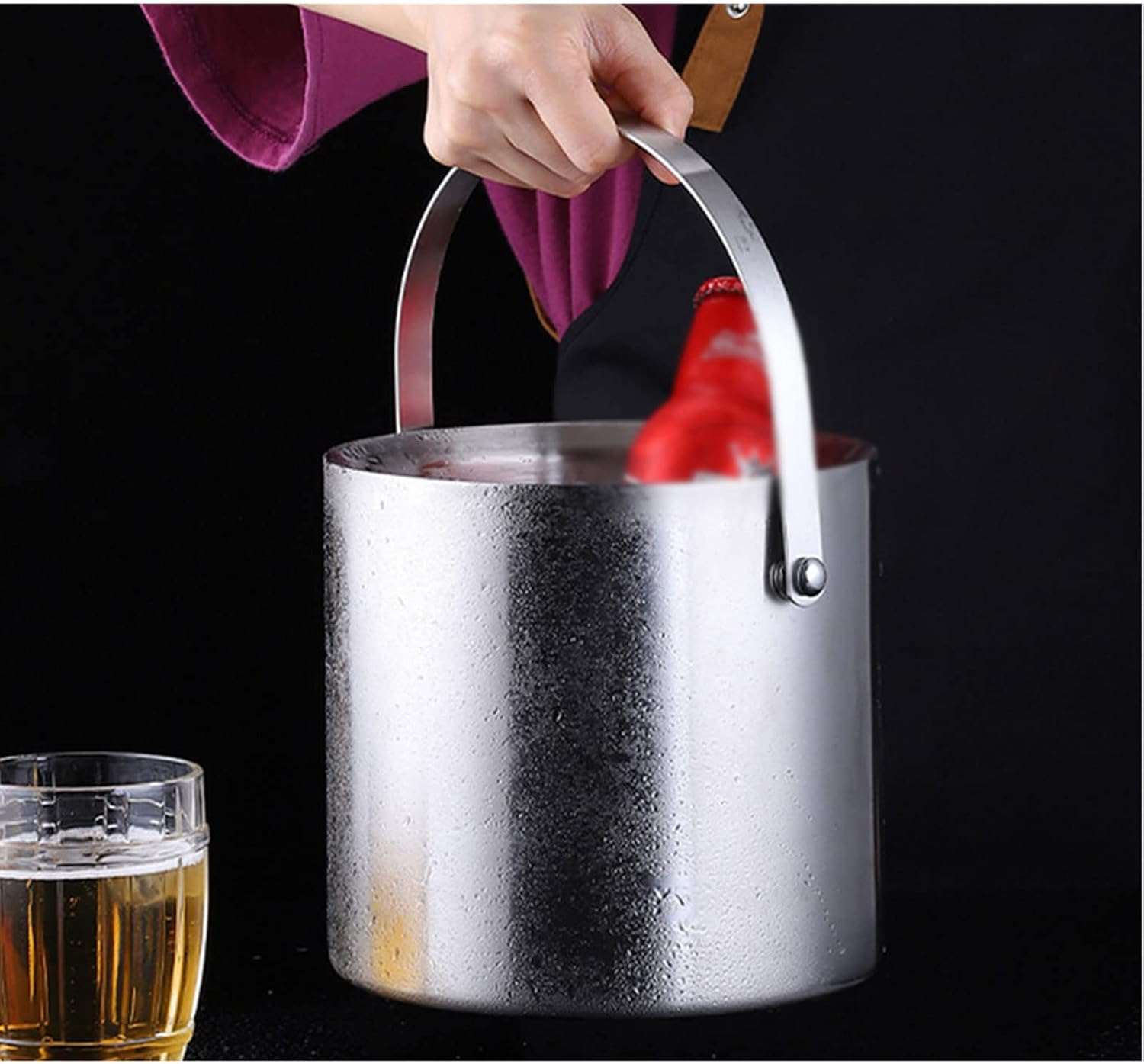 ice bucket,bucket with lid, ice bucket gift 304 Stainless Steel Ice Bucket Portable Double Wall Insulated With Lid For Wine Champagne Whiskey Beverage Beer Tools wine buckets for parties ( Color : Sil