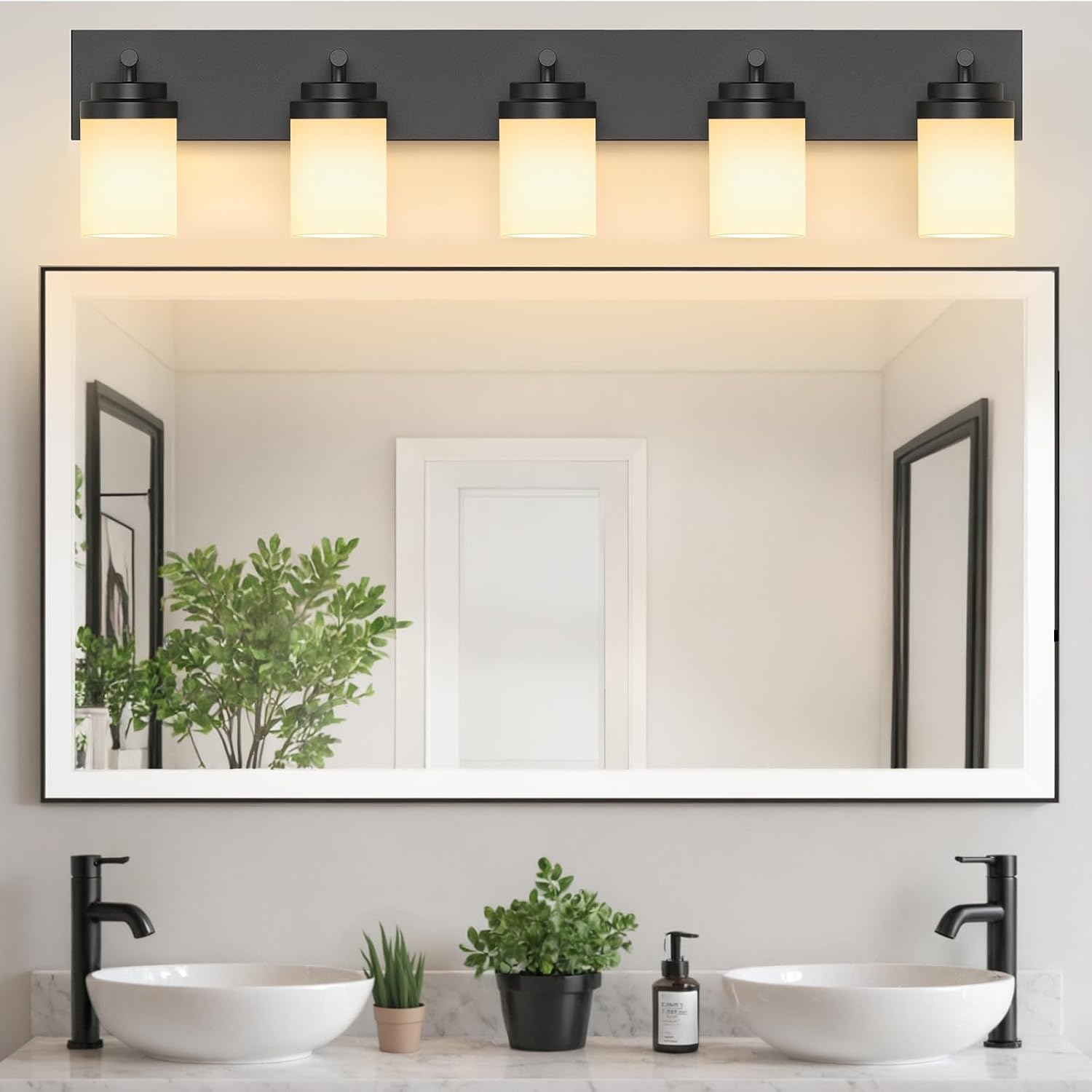 IZORRO Bathroom Vanity Light Fixture, 5-Light 36 Inch Matte Black Bathroom Light Fixtures Over Mirror, with White Glass Shade, Modern Farmhouse Vanity Lights, Rustic Restroom Lighting Fixtures