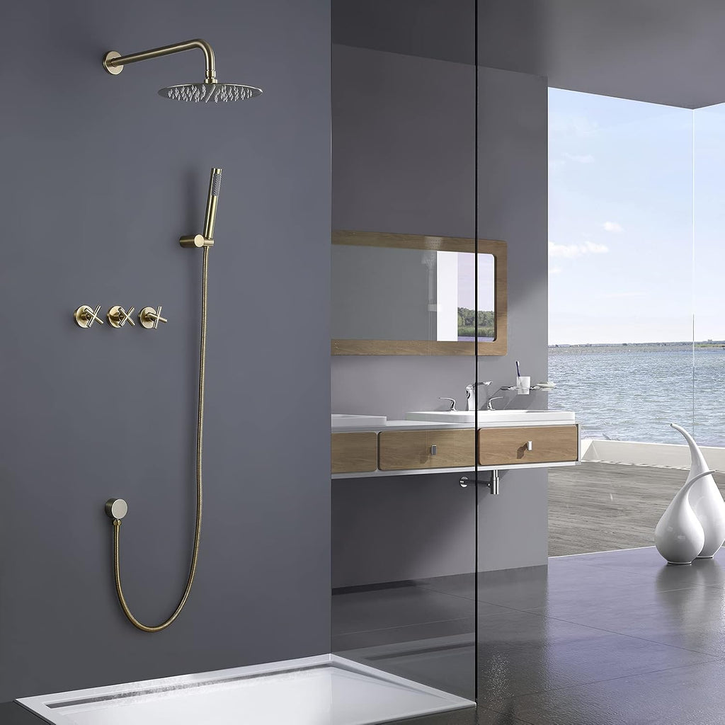 RBROHANT Gold Shower System Brass Shower Faucet Set, 10 Inch High Pressure Round Rain Shower Head with Handheld Spray, Wall Mounted, Rough-in Valve Included, Brushed Gold, RCS81010BG
