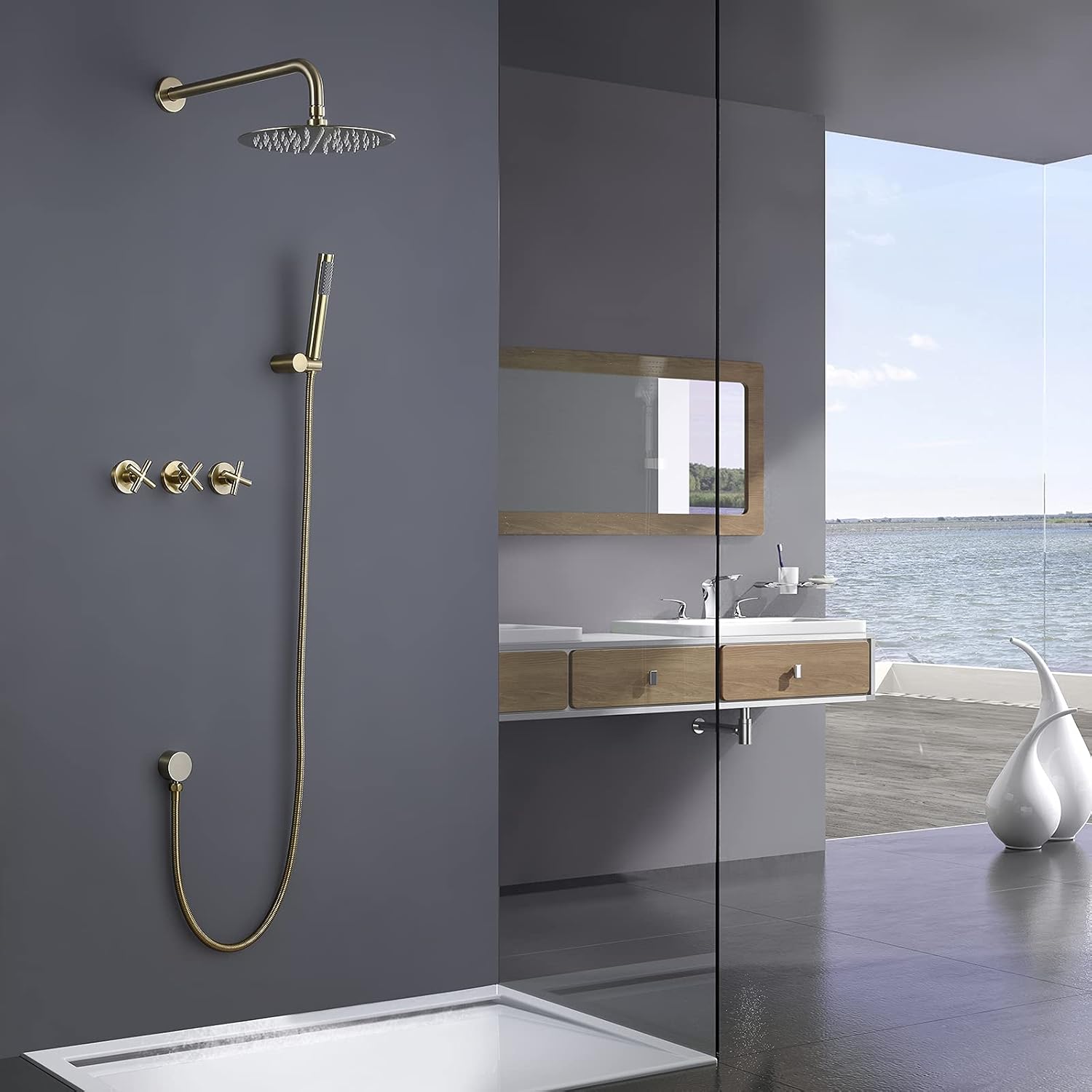 RBROHANT Gold Shower System Brass Shower Faucet Set, 10 Inch High Pressure Round Rain Shower Head with Handheld Spray, Wall Mounted, Rough-in Valve Included, Brushed Gold, RCS81010BG