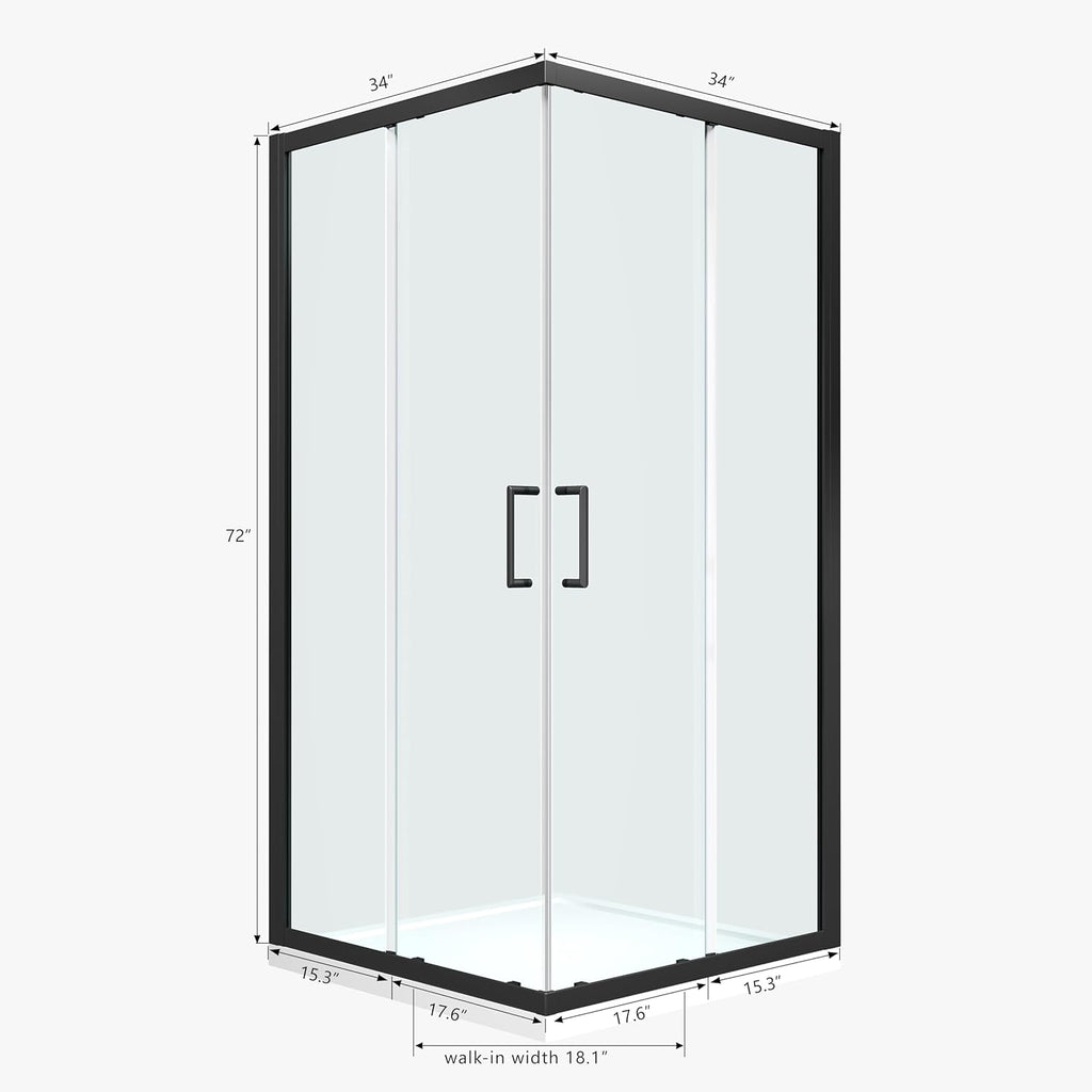 ENSO SENKA Corner Shower Enclosure 34' D X 34' W X72' H Shower Stall for Walk in showering, 1/4' Thick Clear SGCC Tempered Glass Sliding Shower Door, Matte Black (Shower Base Not Included)