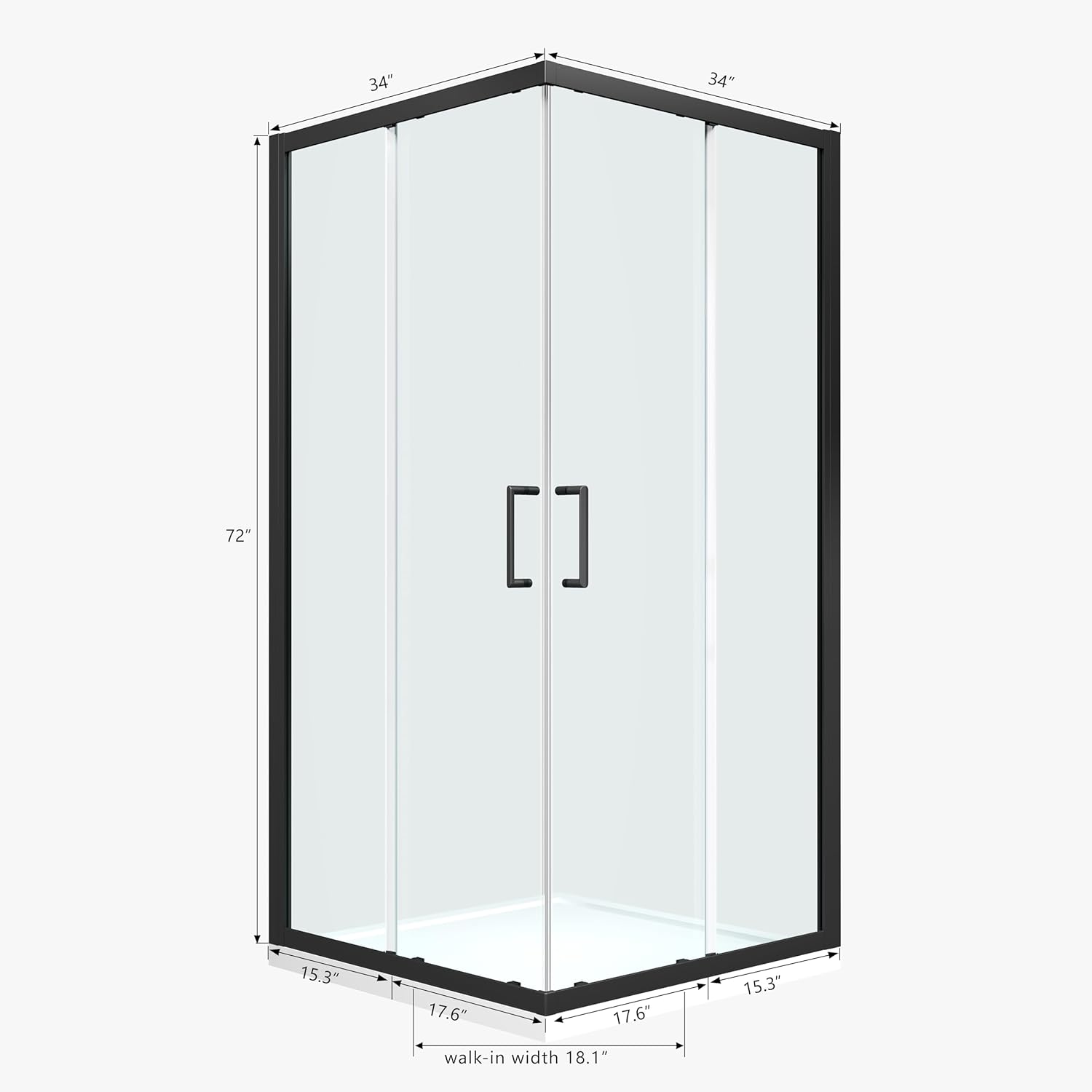 ENSO SENKA Corner Shower Enclosure 34' D X 34' W X72' H Shower Stall for Walk in showering, 1/4' Thick Clear SGCC Tempered Glass Sliding Shower Door, Matte Black (Shower Base Not Included)