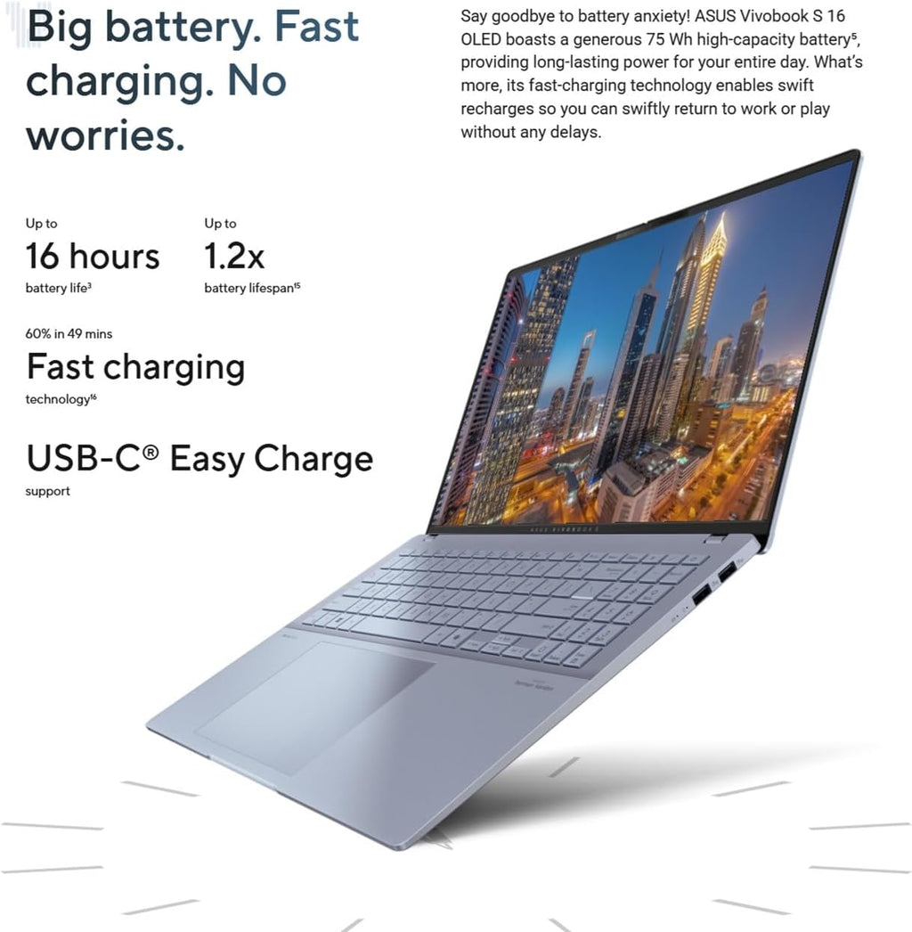 ASUS Vivobook S 16 AI PC Laptop, 16' 3K OLED, 32GB DDR5 RAM, Intel 16-Core Ultra 9 285H (> i9-13900H) for Photographer, Designers, FHD IR Webcam, IST Computer Customized 512GB/1TB/2TB SSD, Win 11 Home