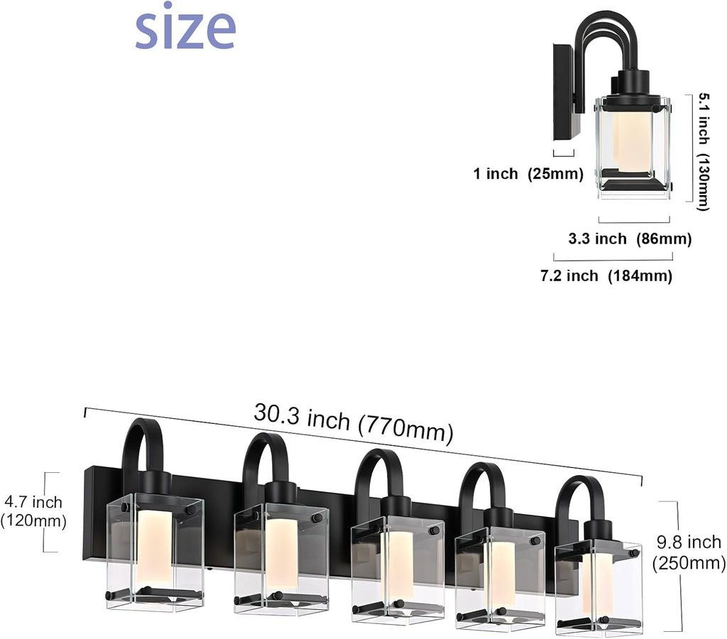 LED Modern Bathroom Vanity Lights, 5 Lights Black Bathroom Light Fixtures for Dressing Room, Integrated LED Chips, Frosted Column with Clear Square Glass Shade, Dimmable Wall Sconce