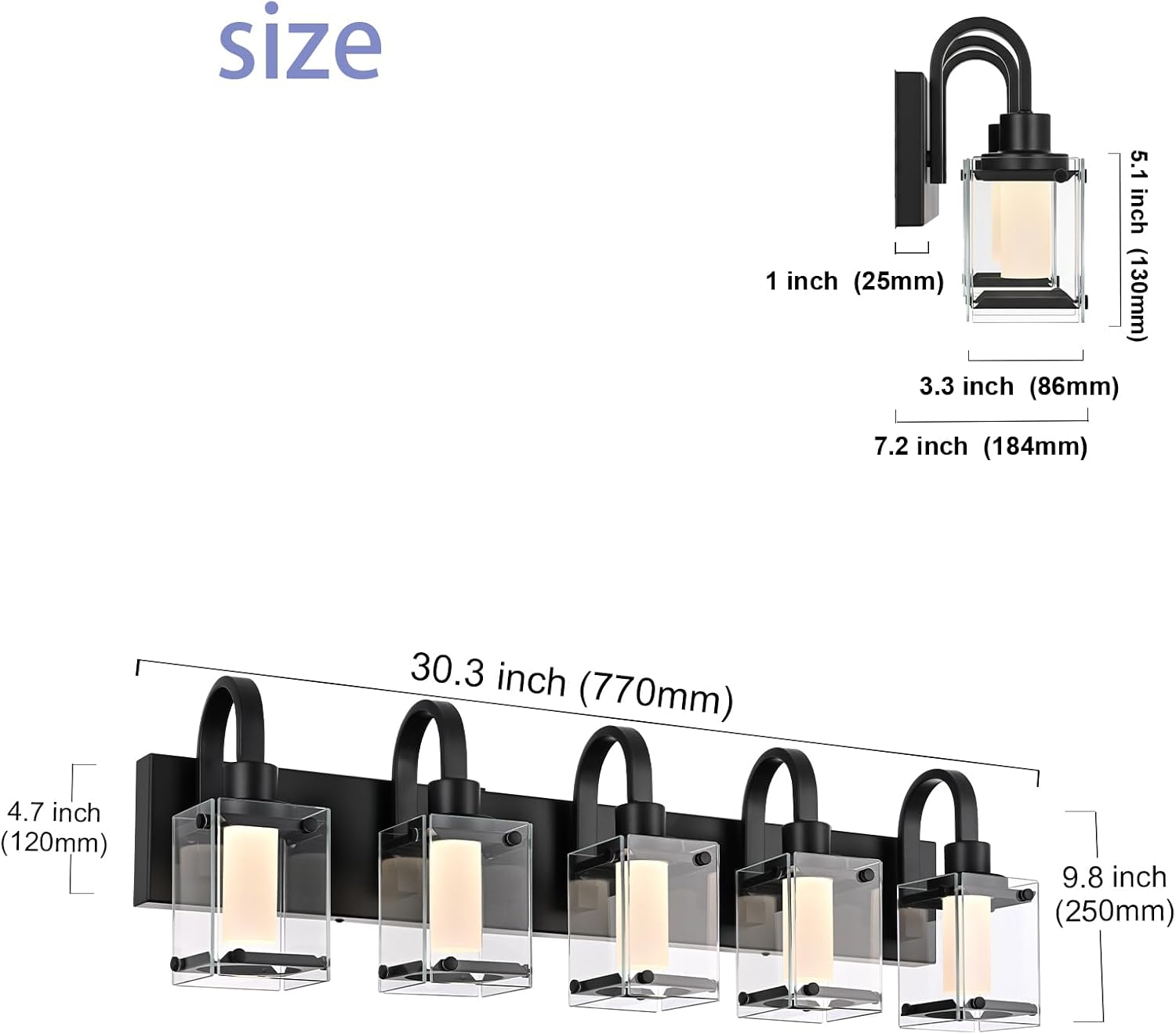 LED Modern Bathroom Vanity Lights, 5 Lights Black Bathroom Light Fixtures for Dressing Room, Integrated LED Chips, Frosted Column with Clear Square Glass Shade, Dimmable Wall Sconce