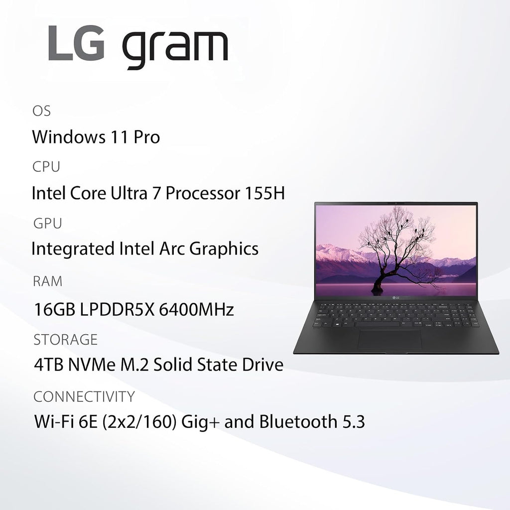 LG Gram 15 Laptop for Business, with Office 2024 Lifetime License, 15.6' FHD Touch Screen, Intel Ultra 7-155H, 16 GB LPDDR5 RAM, 4 TB SSD, Intel Arc Graphics, Windows 11 Pro