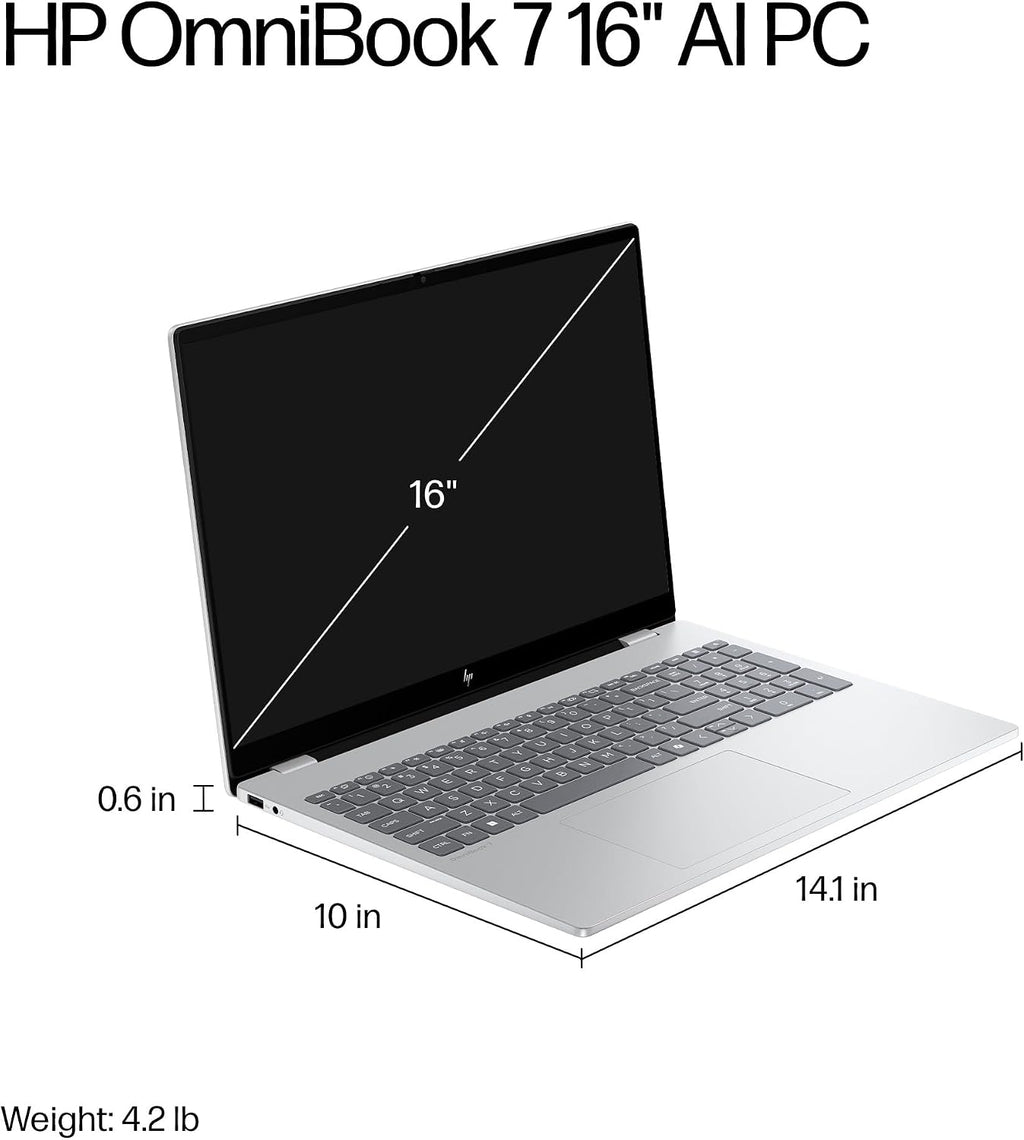 HP OmniBook 7 16 inch AI PC, 2K Touchscreen, Intel Core Ultra 7 255H, 16 GB RAM, 2 TB SSD, NVIDIA GeForce RTX 4050 Laptop GPU, Windows 11 Home, Glacier Silver, 16-ay0500nr