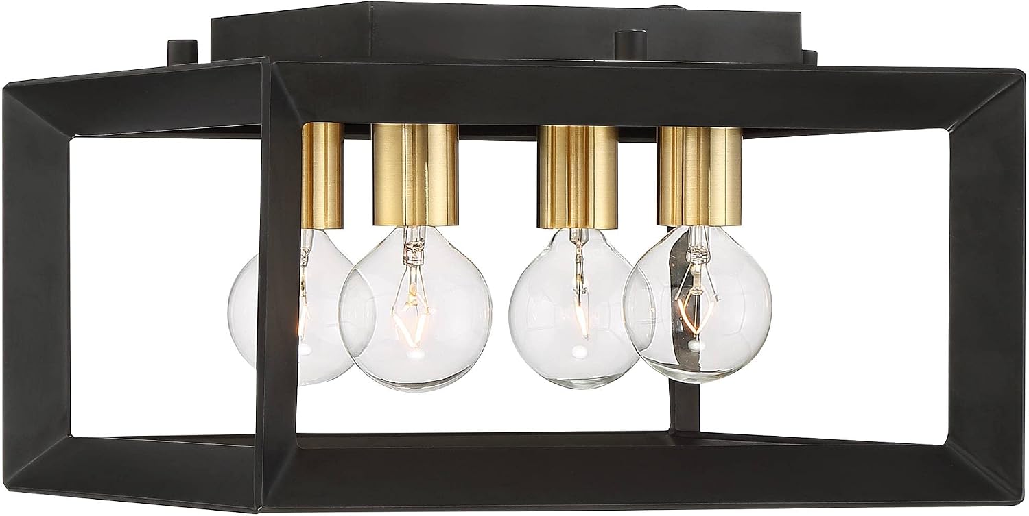 Possini Euro Design Gretna Modern Industrial Ceiling Light Flush-Mount Fixture 10' Wide Black Warm Gold 4-Light Square Frame for Bedroom Kitchen Living Room Hallway Dining Bathroom Schoolhouse