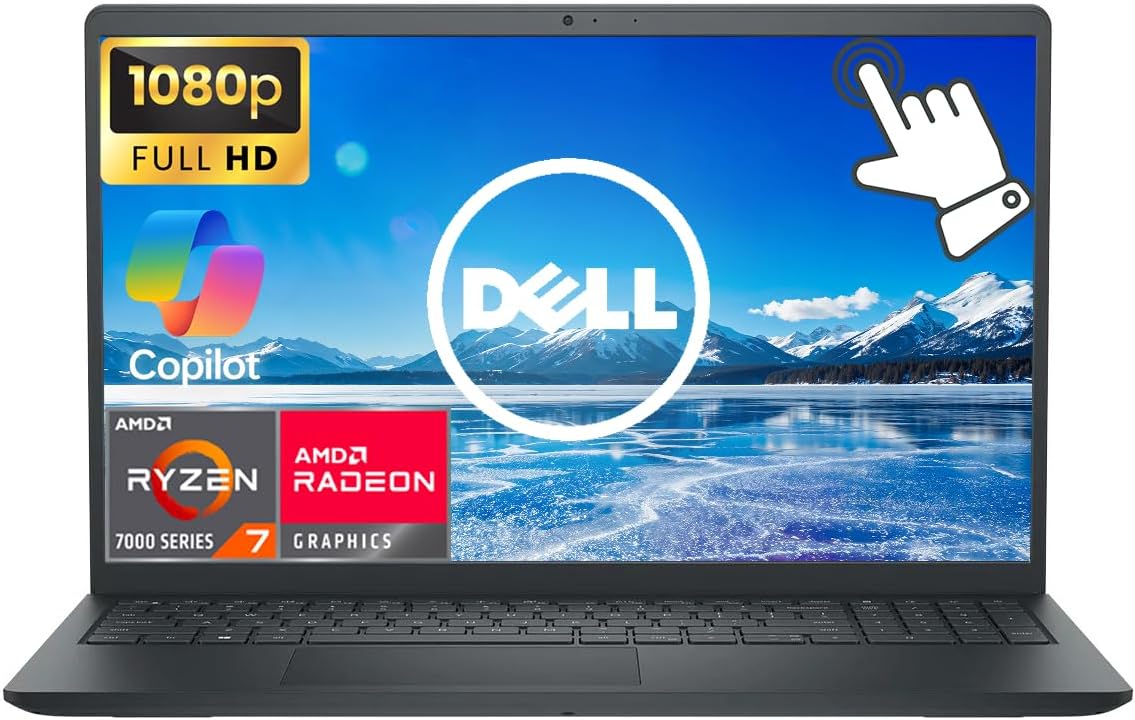 Dell Touchscreen 15.6' FHD Business Laptop Computer, 8-Core AMD Ryzen 7 7730U Processor, AMD Radeon Graphics, Windows 11, Numeric Keypad, Black (AMD Ryzen 7, 12GB RAM | 512GB Storage)