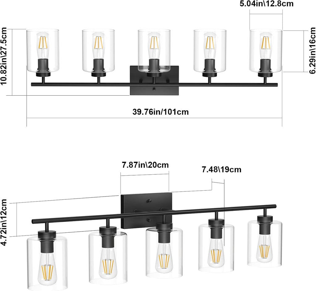 Aipsun 5 Lights Black Vanity Lights Fixtures Over Mirror with Clear Glass Shades Industrial Wall Light Fixture for Bathroom(Exclude Bulb)