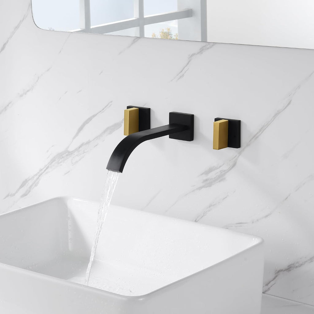 SUMERAIN Wall Mounted Faucet for Bathroom Sink Black and Gold Finish, Lavatory Basin Faucet with Two Handles and Rough in Valve