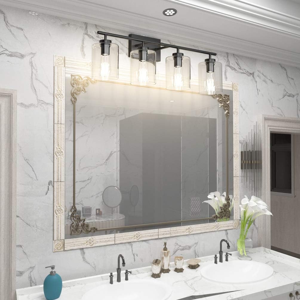 Aipsun 4 Lights Black Bathroom Vanity Light Over Mirror with Clear Glass Shades Industrial Bathroom Light Fixtures (Exclude Bulb)