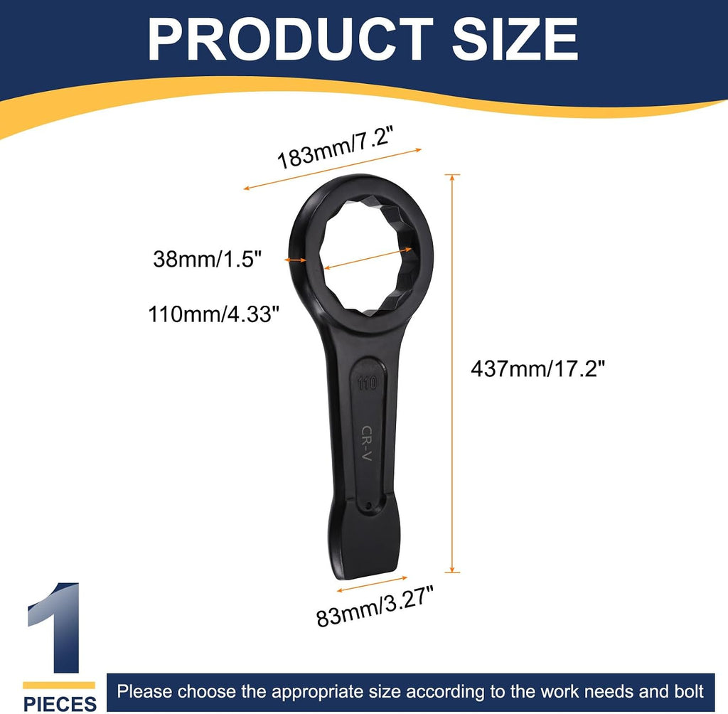 HARFINGTON Box End Striking Ring Wrench 110mm Metric CR-V Steel 12-Point Flat Strike Wrench Baking Paint Single Head Spanner Hand Tool for Mechanical Automotive Repair