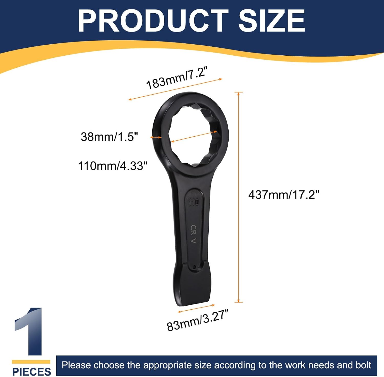 HARFINGTON Box End Striking Ring Wrench 110mm Metric CR-V Steel 12-Point Flat Strike Wrench Baking Paint Single Head Spanner Hand Tool for Mechanical Automotive Repair