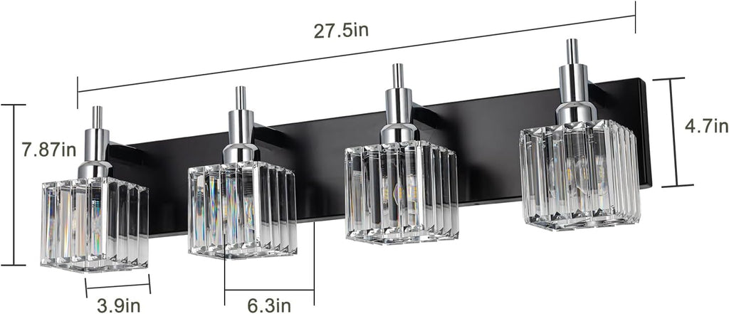 Black Chrome Bathroom Vanity Lights, Modern 4 Lights Crystal Bathroom Lighting Fixtures Over Mirror Crystal Wall Light with Square Shade