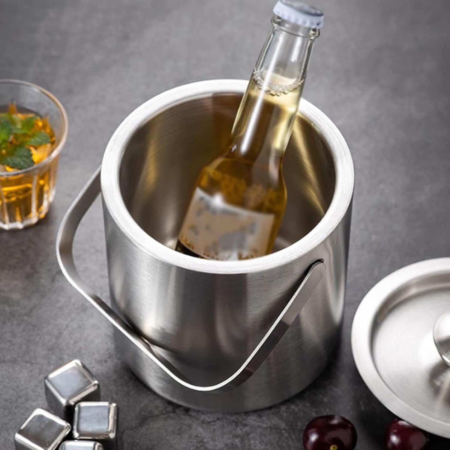 ice Bucket,Bucket with lid, Ice Buckets for Parties Metal Double Wall with Lid, 1.3L Stainless Steel Insulated for Cocktail Bar, Wine, Home Bar Accessories, Parties, Champagne Bucket Stainl