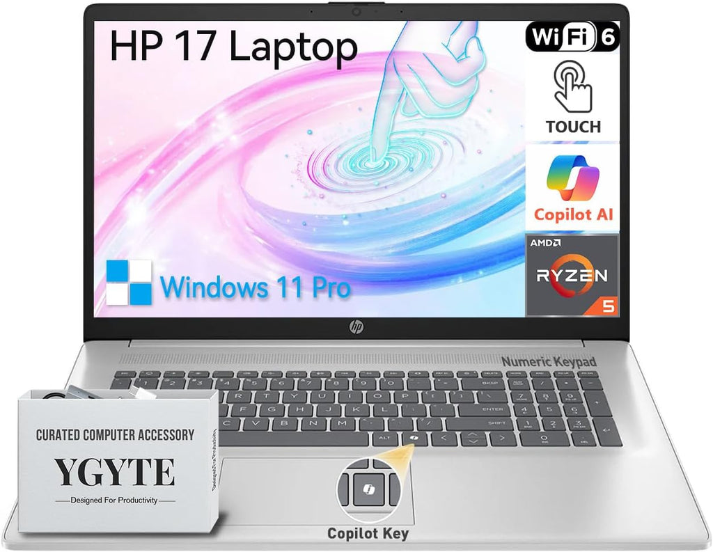 HP 17 Inch Touchscreen Laptop Computer, 17.3' HD+ Touch Screen Business Laptop, AMD Ryzen 5 (6-Cores), 32GB RAM 1TB SSD, Windows 11 Pro, 10-Key Number Pad