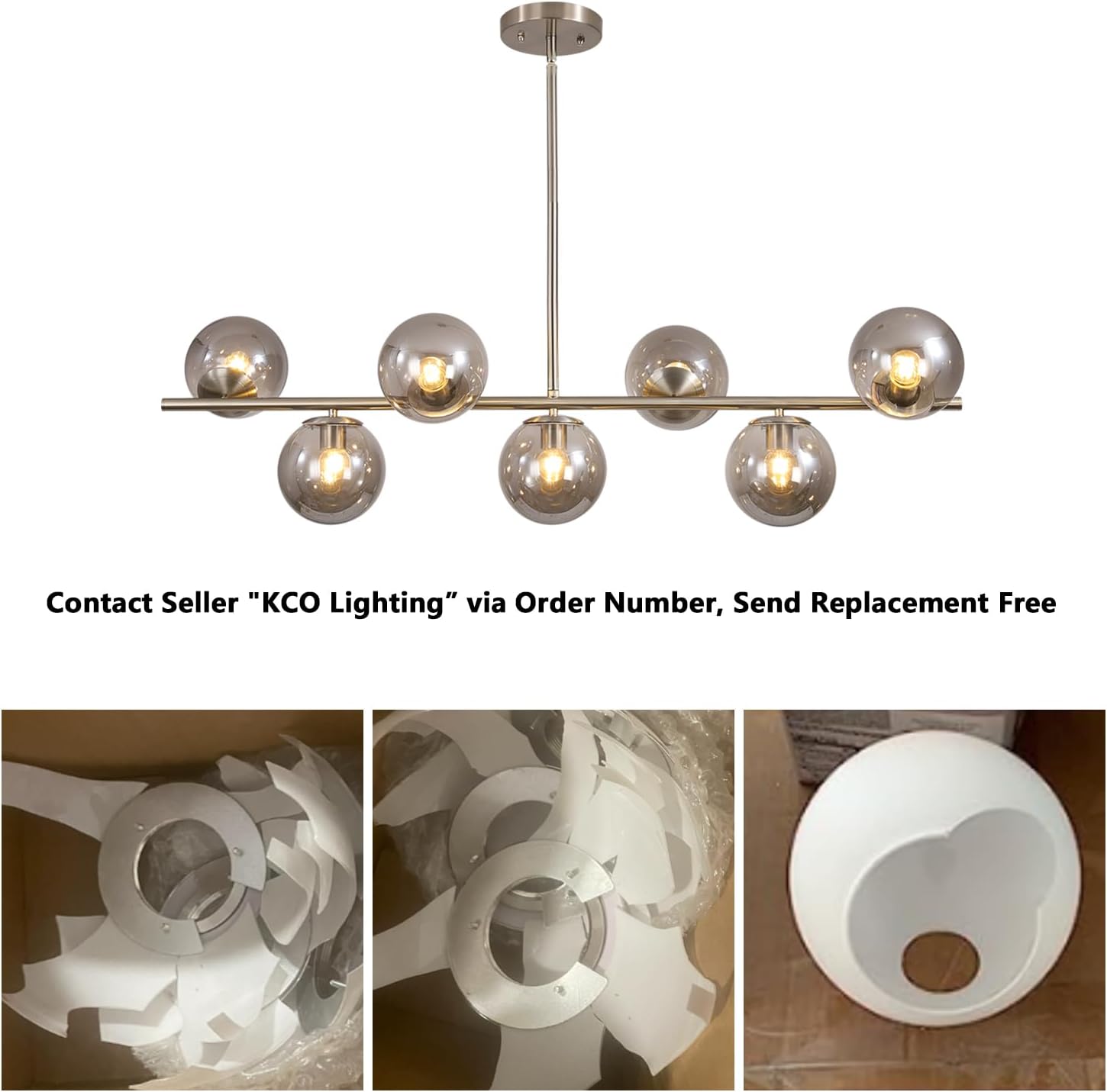 KCO Lighting MCM Brushed Nickel Linear Sputnik Chandeliers for Dining Room | 31.5' Rod for Sloped Ceiling, 7W 3000K E26 Bulb Included, Smoke Gray Glass Globe Pendant Light for Kitchen Island Living Room