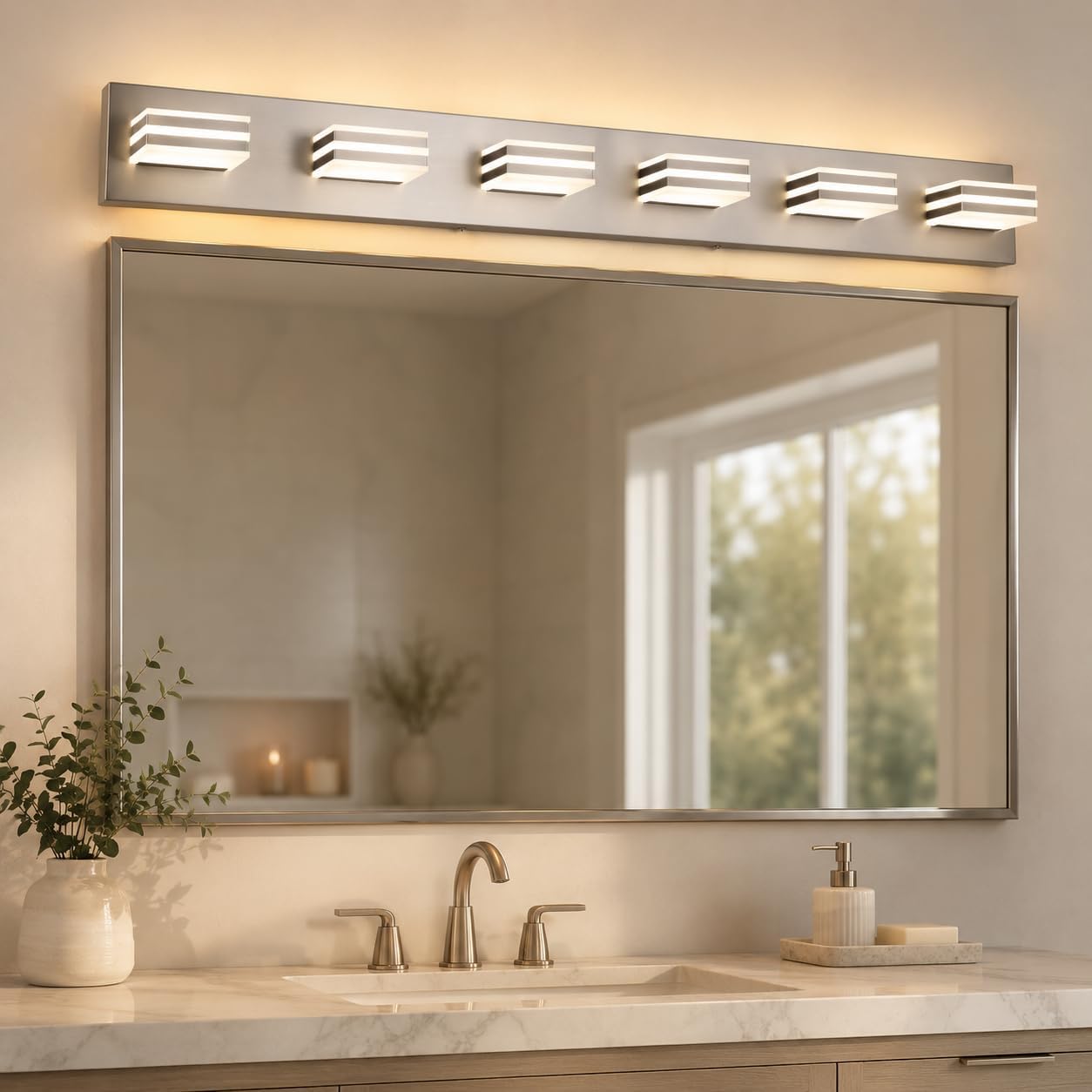 6-Light Brushed Nickel Vanity Light for Double Sink Bathroom, 41 Inch 48W 5CCT Dimmable LED Over Mirror Wall Fixture, Hardwired Light with Clear Acrylic Shade