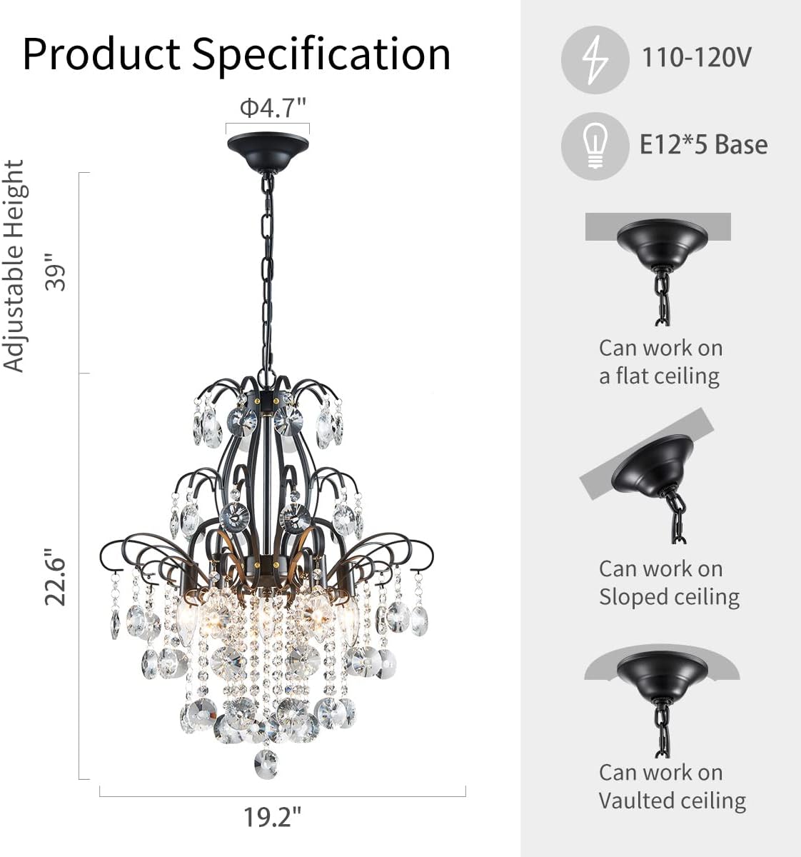WUZUPS Crystal Chandelier 5-Light Pendant Ceiling Light Modern Lighting Fixture for Bedroom Hallway Bar Kitchen Bathroom, H 22.6'' x W 19.2'', E12 Base, Black