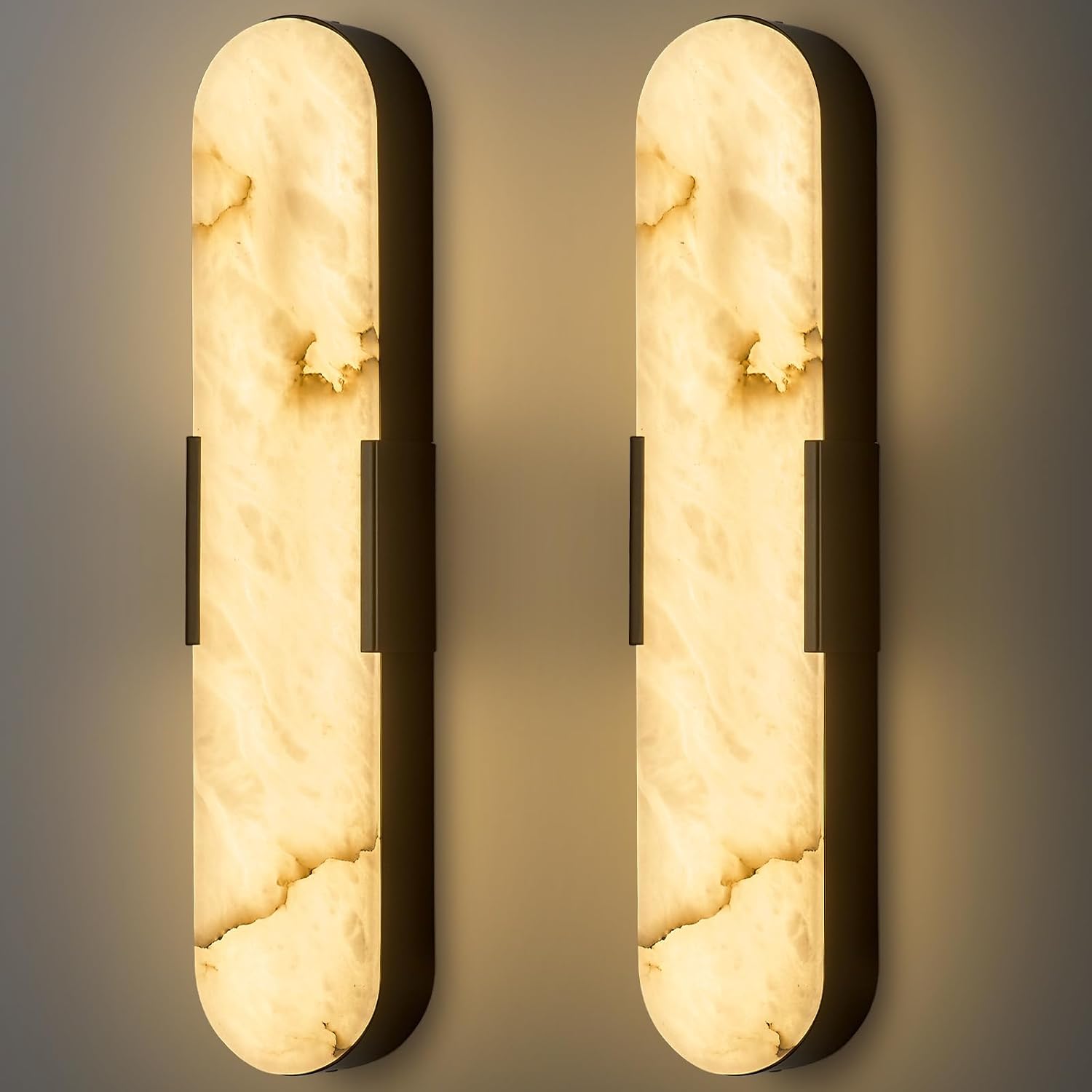 20' Alabaster Wall Sconces Set of Two, Natural Marble Wall Lights Black Mid Century Marble Wall Lamp Bathroom Vanity Indoor Alabaster Wall Lighting Fixtures for Cafe Bedroom Hallway Stairs