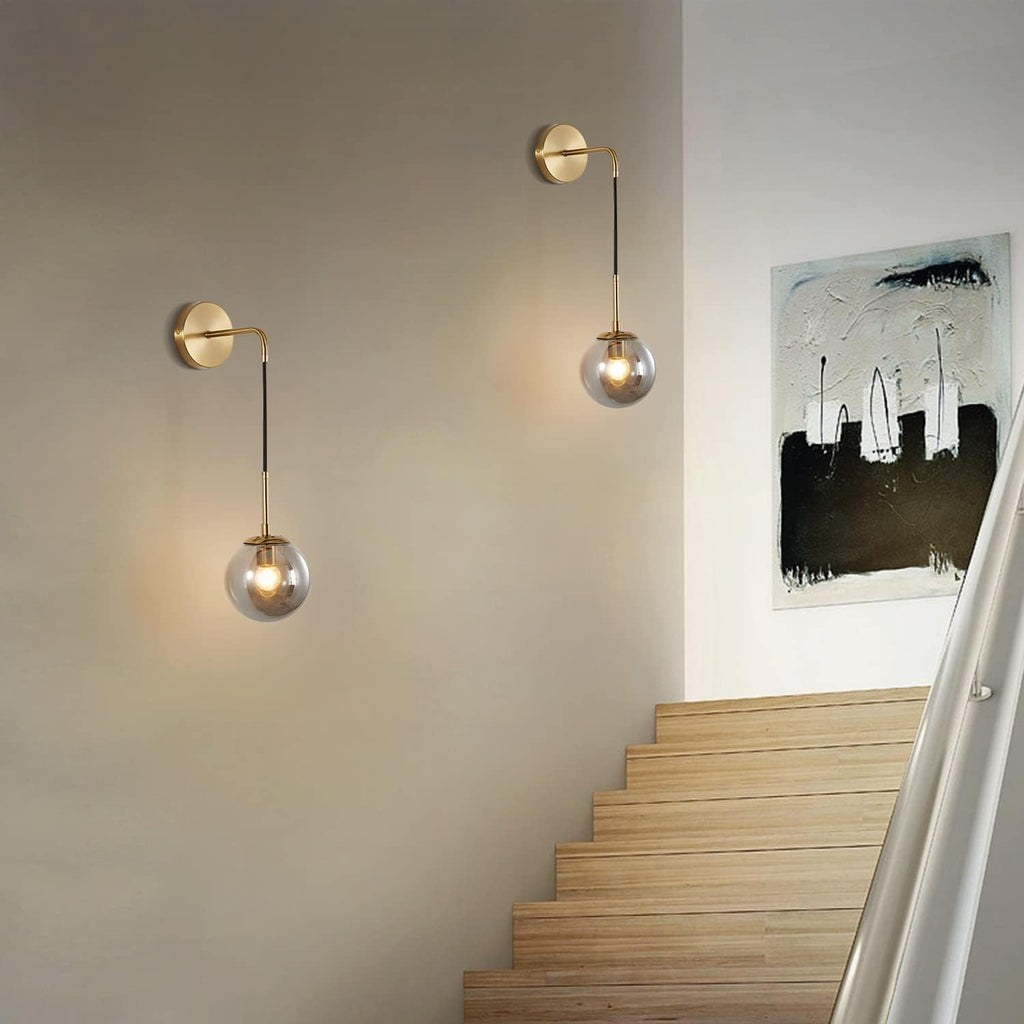 BOKT Mid Century Modern Wall Sconce Set of Two Gold Wall Sconce Light Smoke Gray Glass Round Wall Lighting Fixture Set of 2 Brushed Brass Minimalist Adjustable Bar Wall Lamp (Gold+Smoky Grey)