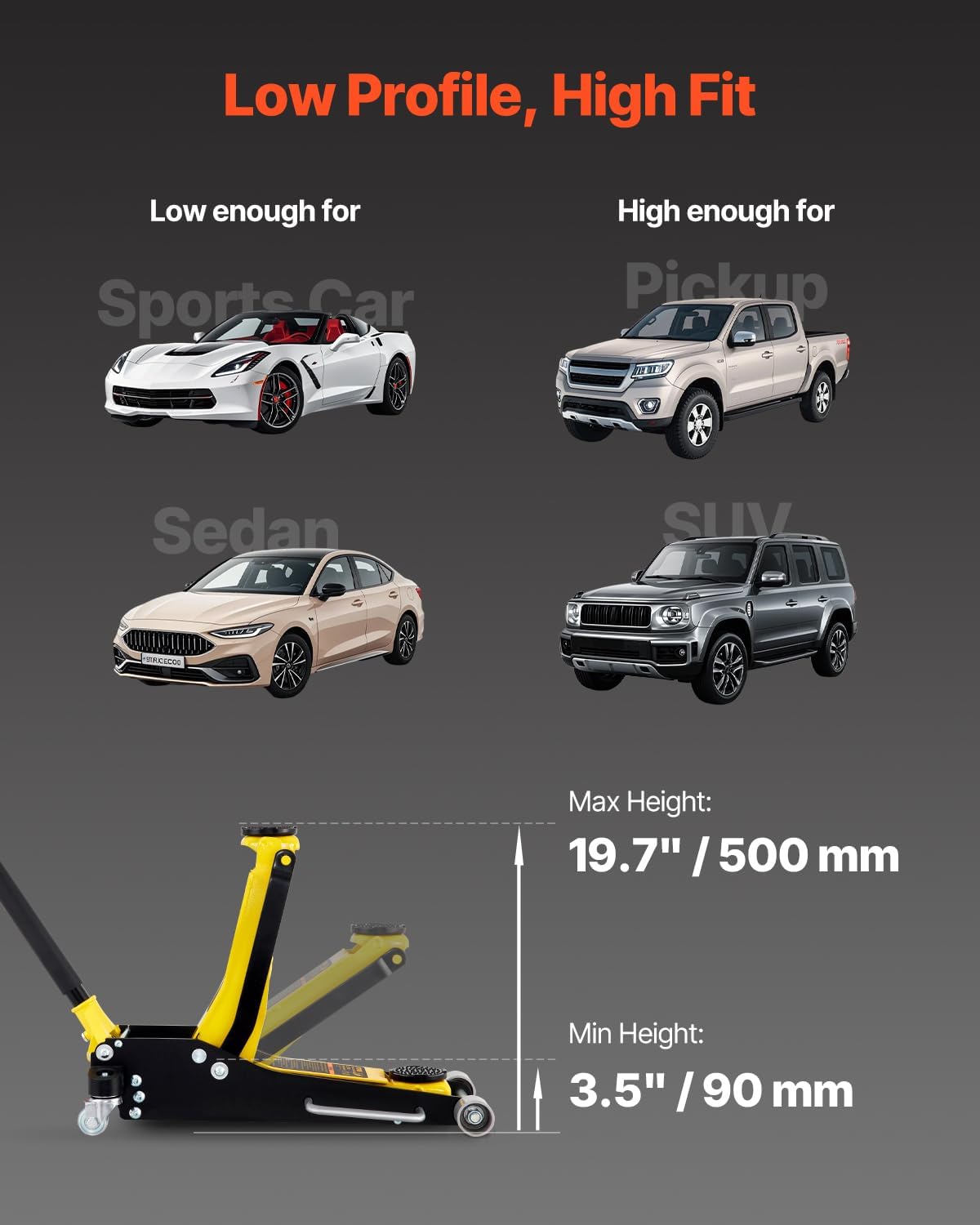 VEVOR 3 Ton Low Profile Aluminum & Steel Racing Floor Jack | Dual Pistons Quick Lift Pump, Sport Utility Vehicle, Lifting Range 3-6/11'-19-11/16', Yellow & Black
