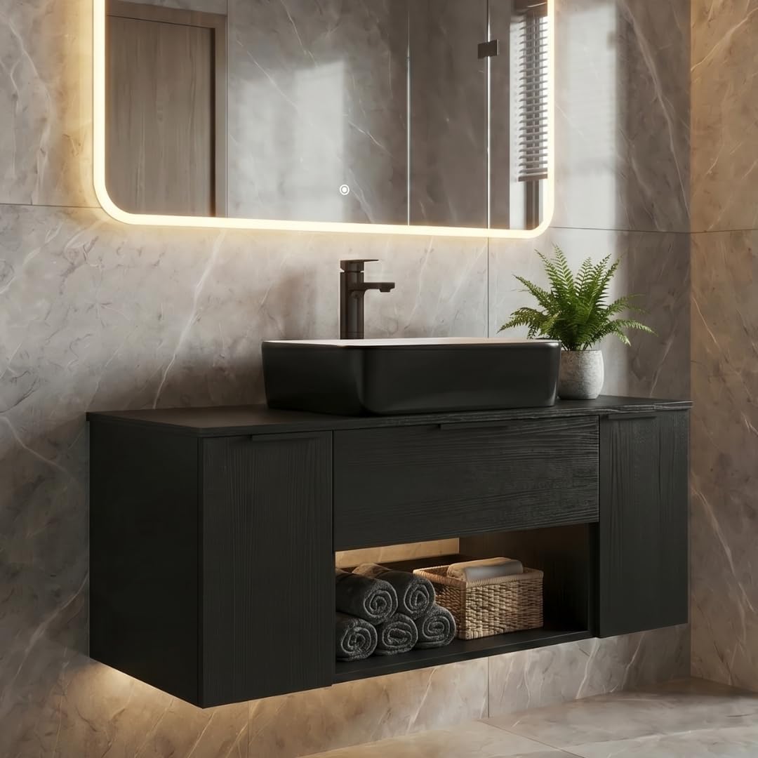 36 Inch Black Floating Bathroom Vanity with 2-Doors and 1-Drawer, Modern Wall Mounted Cabinet with Square Black and White Ceramic Vessel Sink
