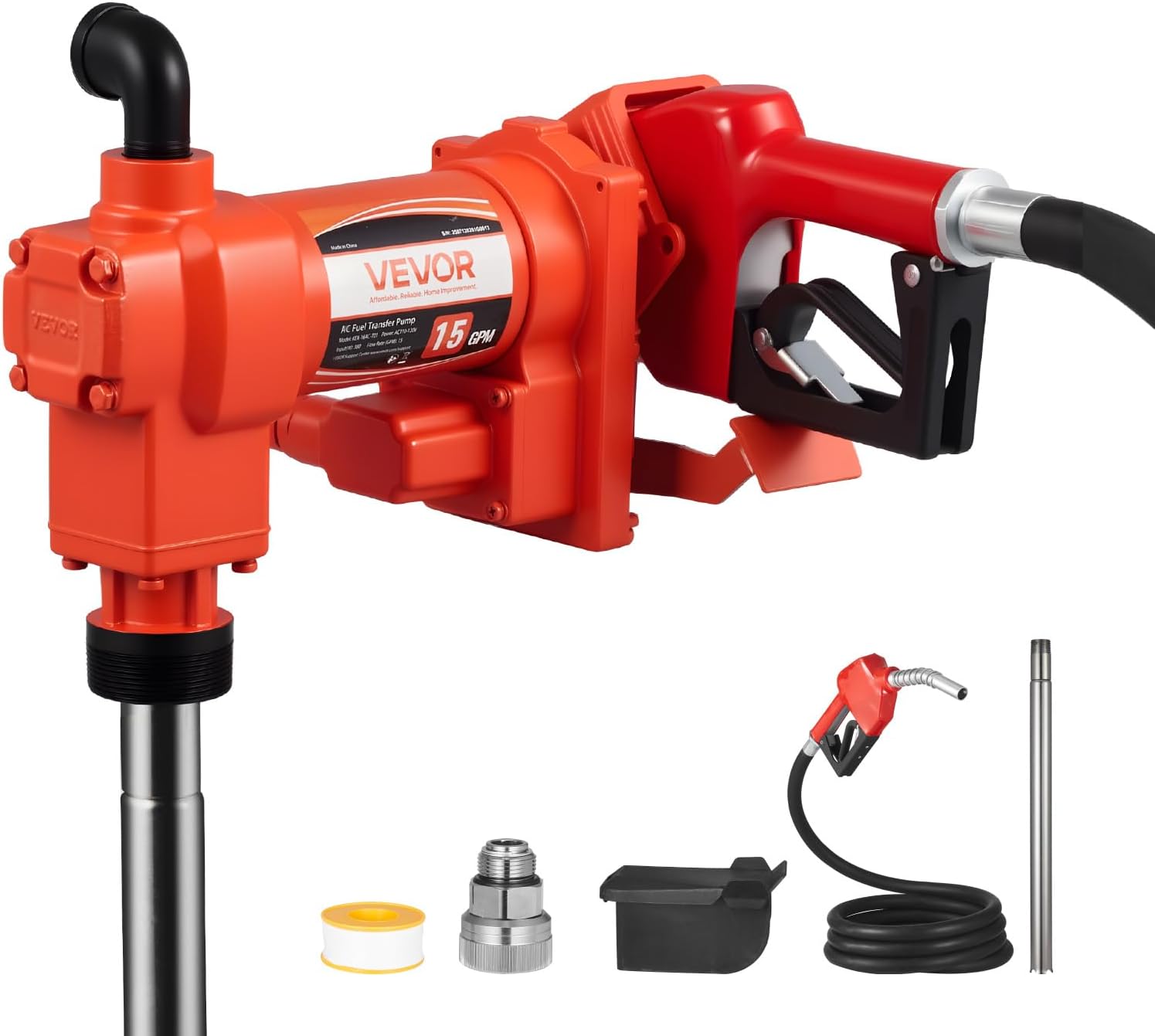 VEVOR Fuel Transfer Pump 110V, 15 GPM 57 L/min, AC Electric Oil Transfer Pump, with Auto Shut-Off Fuel Nozzle & Discharge Hose, High Flow Kit for Gasoline, Diesel, Kerosene, Biodiesel, Ethanol Blends