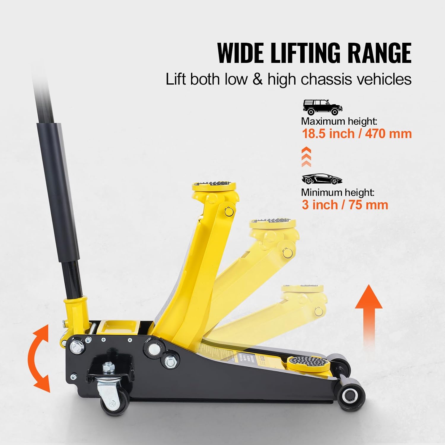 VEVOR Low Profile Floor Jack 2 Ton (4400 lbs), Heavy Duty Iron Hydraulic Racing Floor Jack, Hydraulic Car Jack, Dual Piston Quick Lift Pump, 3'-18.5' Height Lifting Range (Yellow)