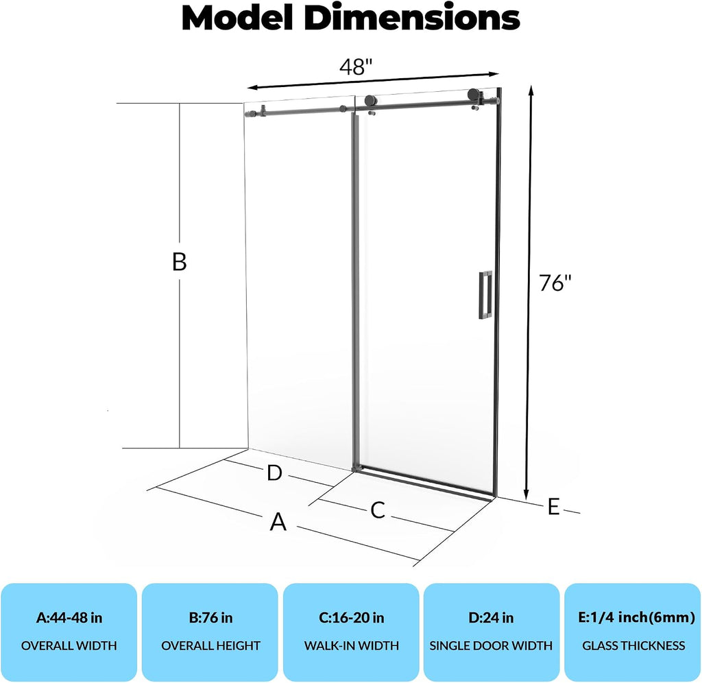Frameless Shower Door 44–48 inch W× 76 inch H, Sliding Shower Door with Fixed Panel, Round Stainless Steel Track,6mm Tempered Glass, Matte Black, Stainless Steel Shower Door for Bathroom Renovation