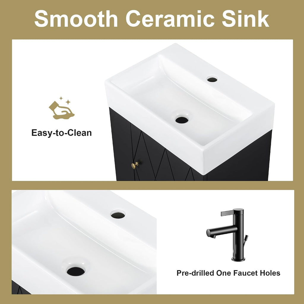 20-inch Bathroom Vanity with Sink Combo, Wall-Mounted Single Storage Cabinet with One Cabinet & Left 2-Tier Storage Shelves, Wooden Vanity with Ceramic Basin for Bathroom, Black