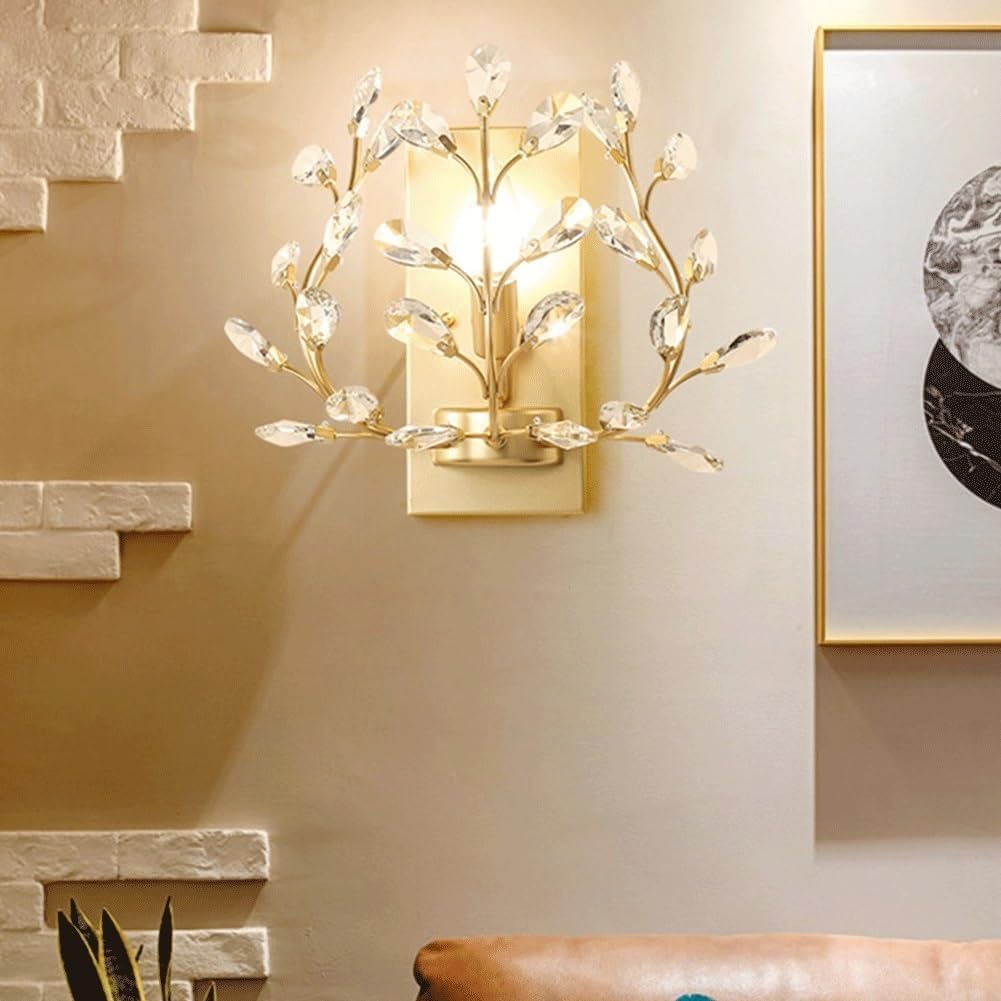 Wall Lighting Fixtures Creative Retro Crystal Wall Sconces Wrought Iron Crystal Branches Wall Light Wall Mounted Lighting Fixture for Dining Room Bathroom Bedroom Living Room Entryway ( Color : Gold )
