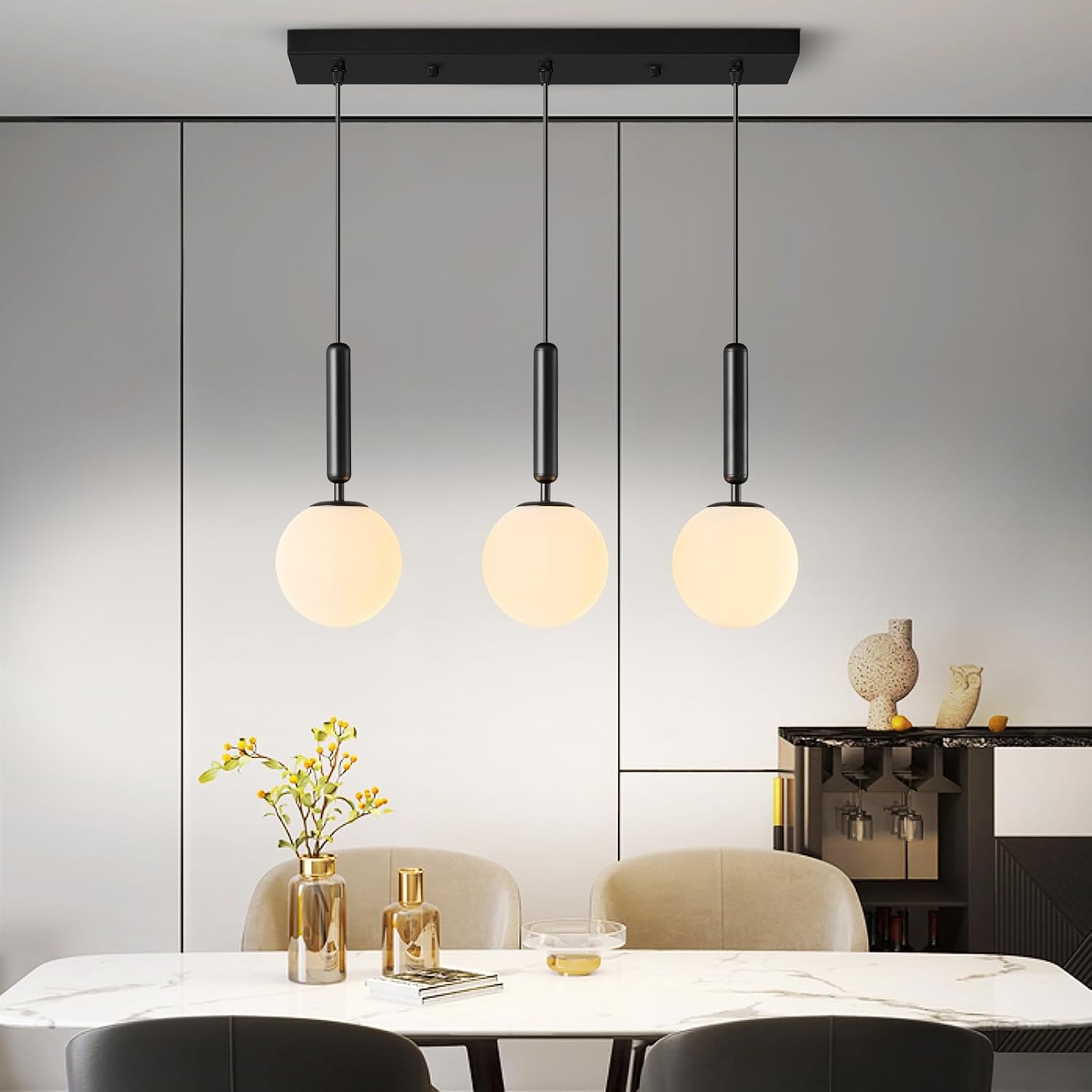 Modern Black Pendant Lights Kitchen Island Mid Century with Globe Pendant Light Milk White Glass Pendant Lighting for Living Room Bedroom Entryway (3 Lights)