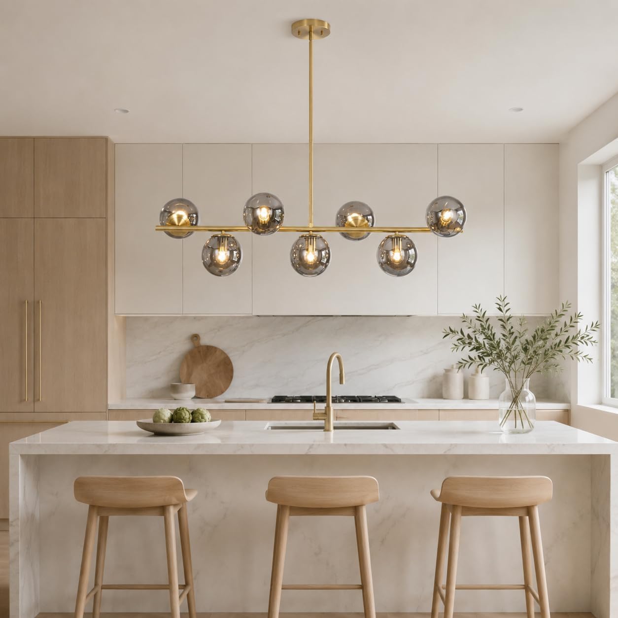 KCO Mid Century Modern 7 Light Brass Gold Linear Sputnik Chandelier | 31.5' Rod for Sloped Ceiling 7W 3000K E26 Bulb Included, Smoke Gray Glass Globe Pendant Light Fixture for Kitchen Dining Room