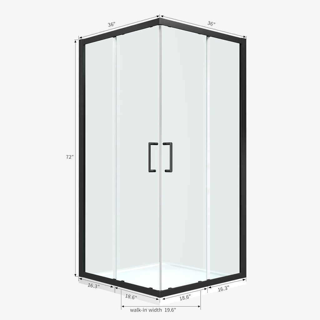 ENSO SENKA Corner Shower Enclosure 36' D X 36' W X72' H Shower Stall for Walk in Shower, 1/4' Thick Clear SGCC Tempered Glass Sliding Shower Door, Matte Black (Shower Base Not Included)
