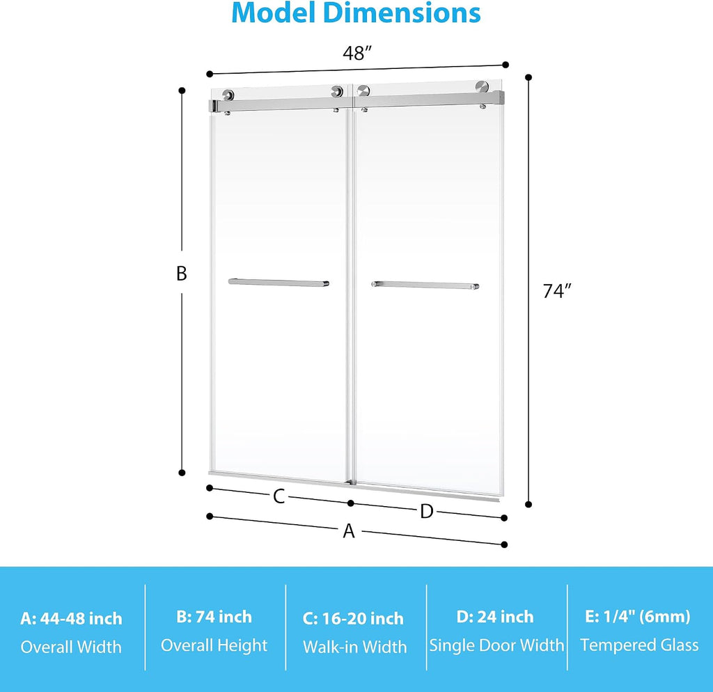 Glass Shower Door 48 Inches,44-48' W x 74' H Frameless Dual Sliding Shower Glass Door with 6mm Tempered Clear Glass and Stainless Steel Square Rail,Brushed Sliver